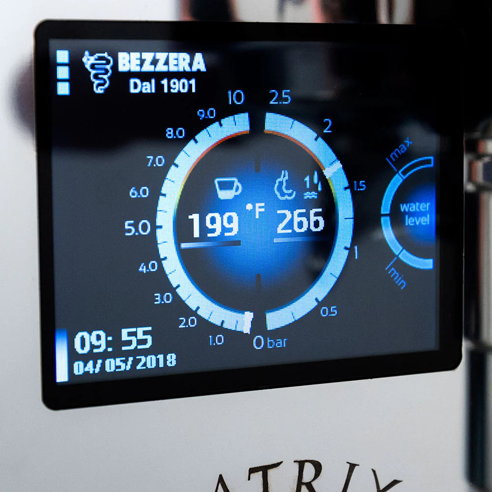 Close-up of Bezzera Matrix MN espresso machine screen display