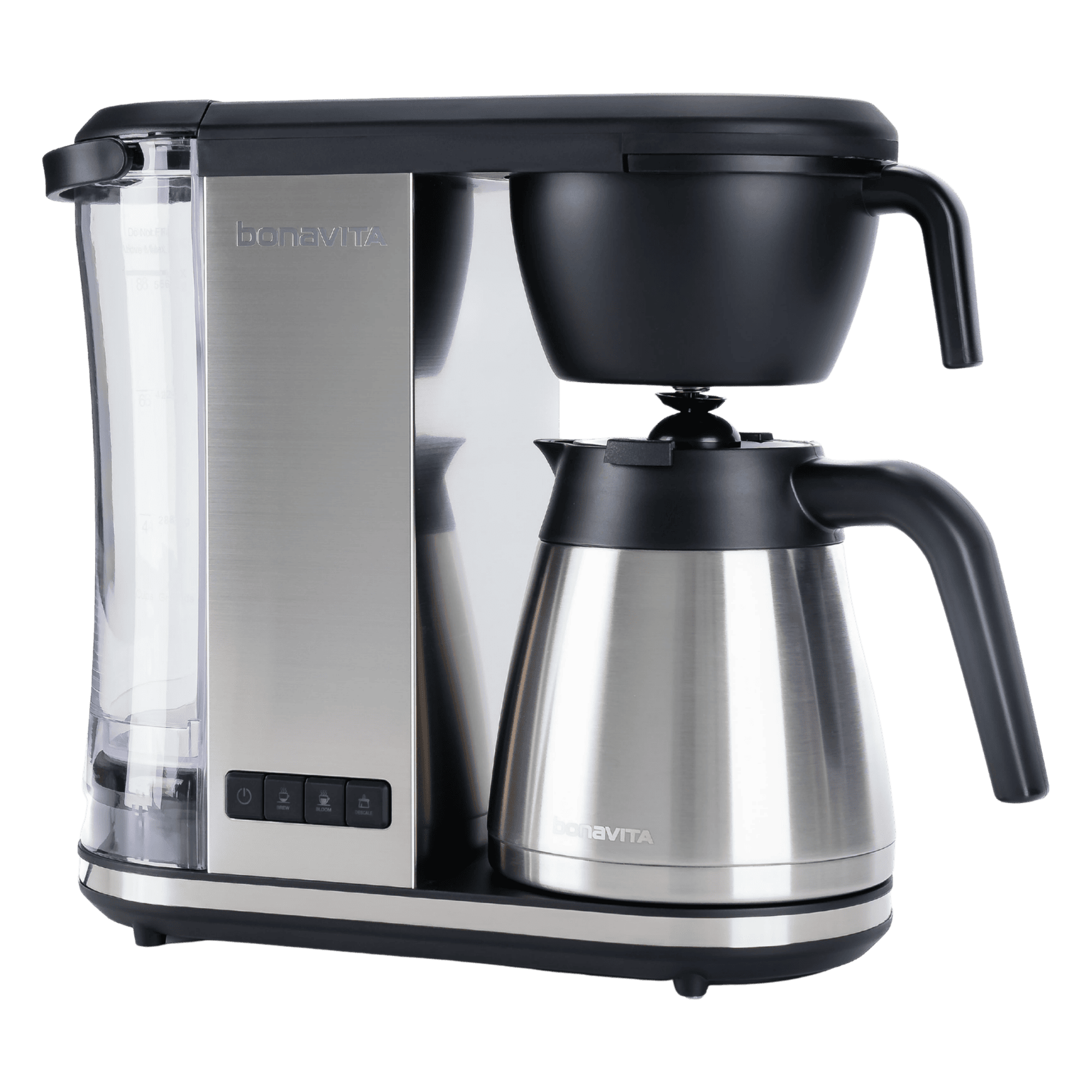 Bonavita 8-cup drip coffee brewer in stainless steel with black accents and stainless thermal carafe, front view