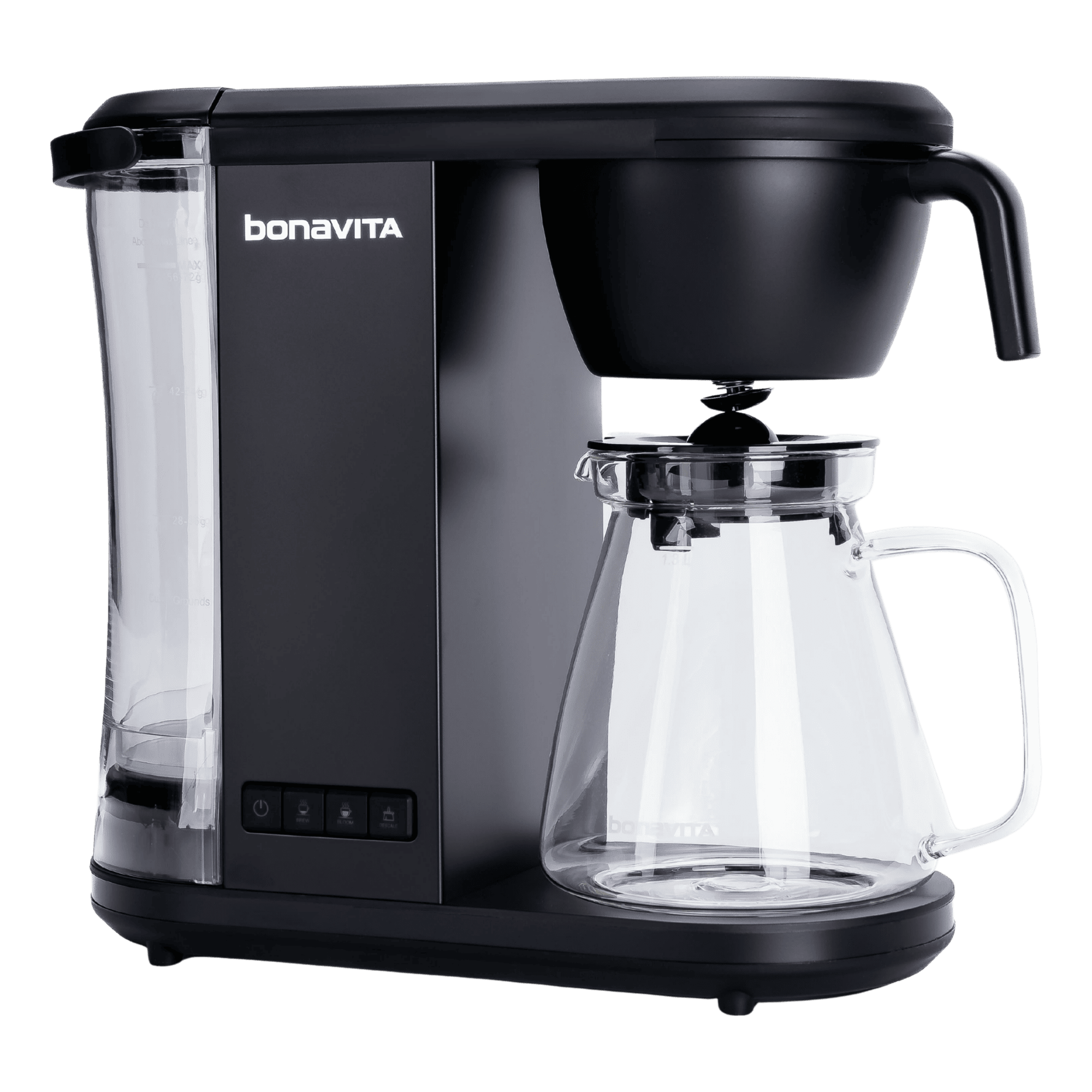 Sleek Bonavita coffee brewer in black with clear glass carafe and visible drip spout