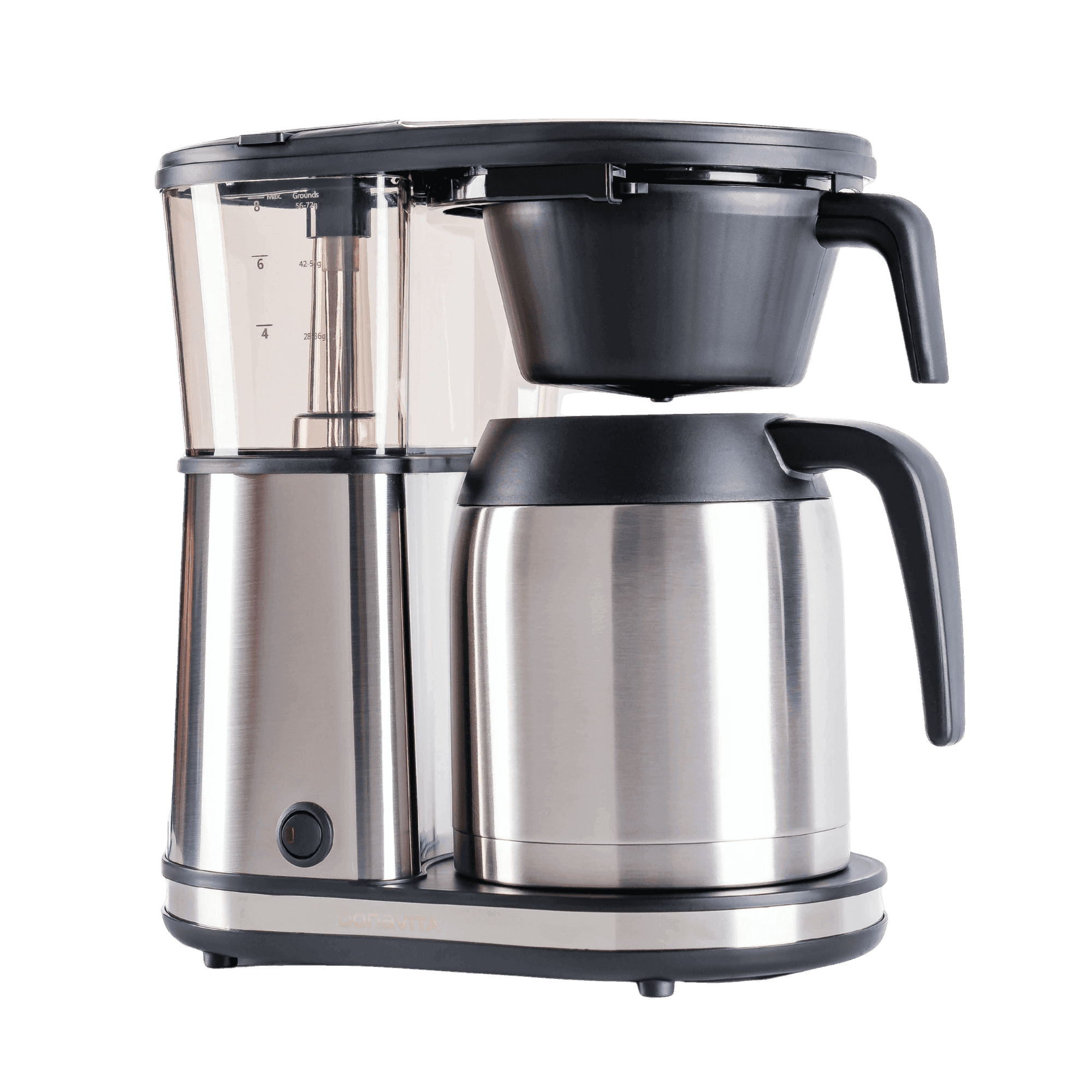 Bonavita Connoisseur 8-Cup One-Touch Drip Coffee Brewer with stainless steel thermal carafe, three-quarter angle view, SCA Certified