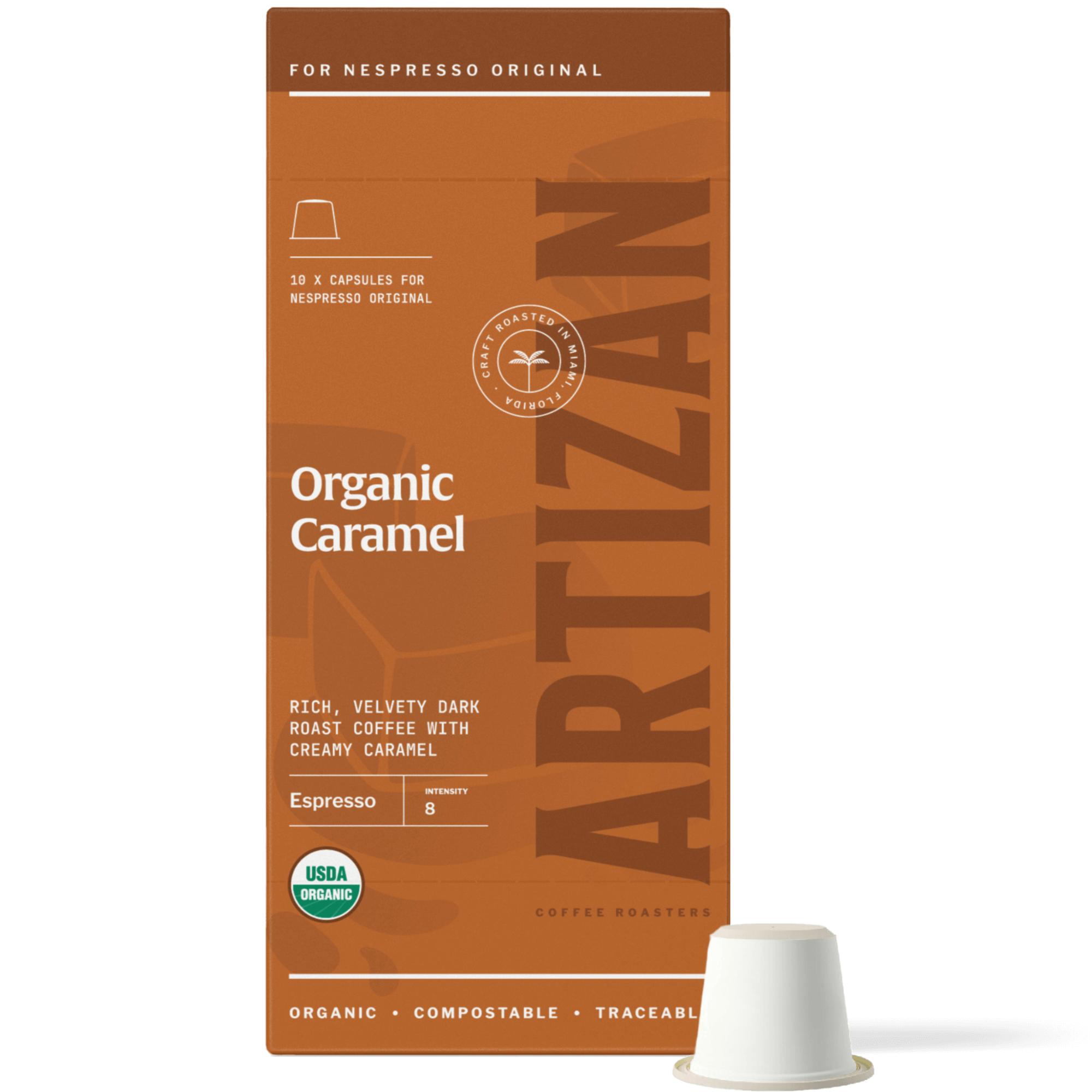 Image of Organic Caramel Nespresso Pods for Original Machines with Capsule Beside It. 