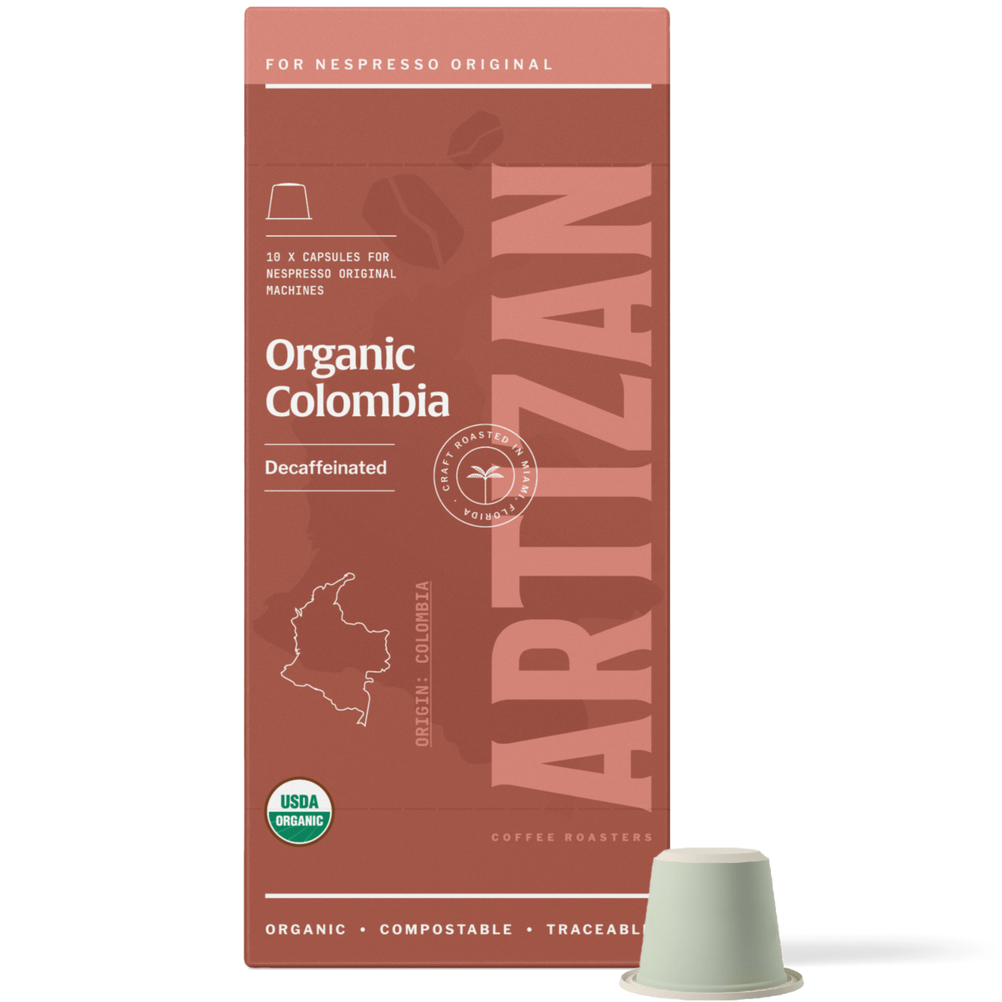Image of Organic Colombia Decaf Nespresso Pods for Original Machines with Capsule Beside It. 