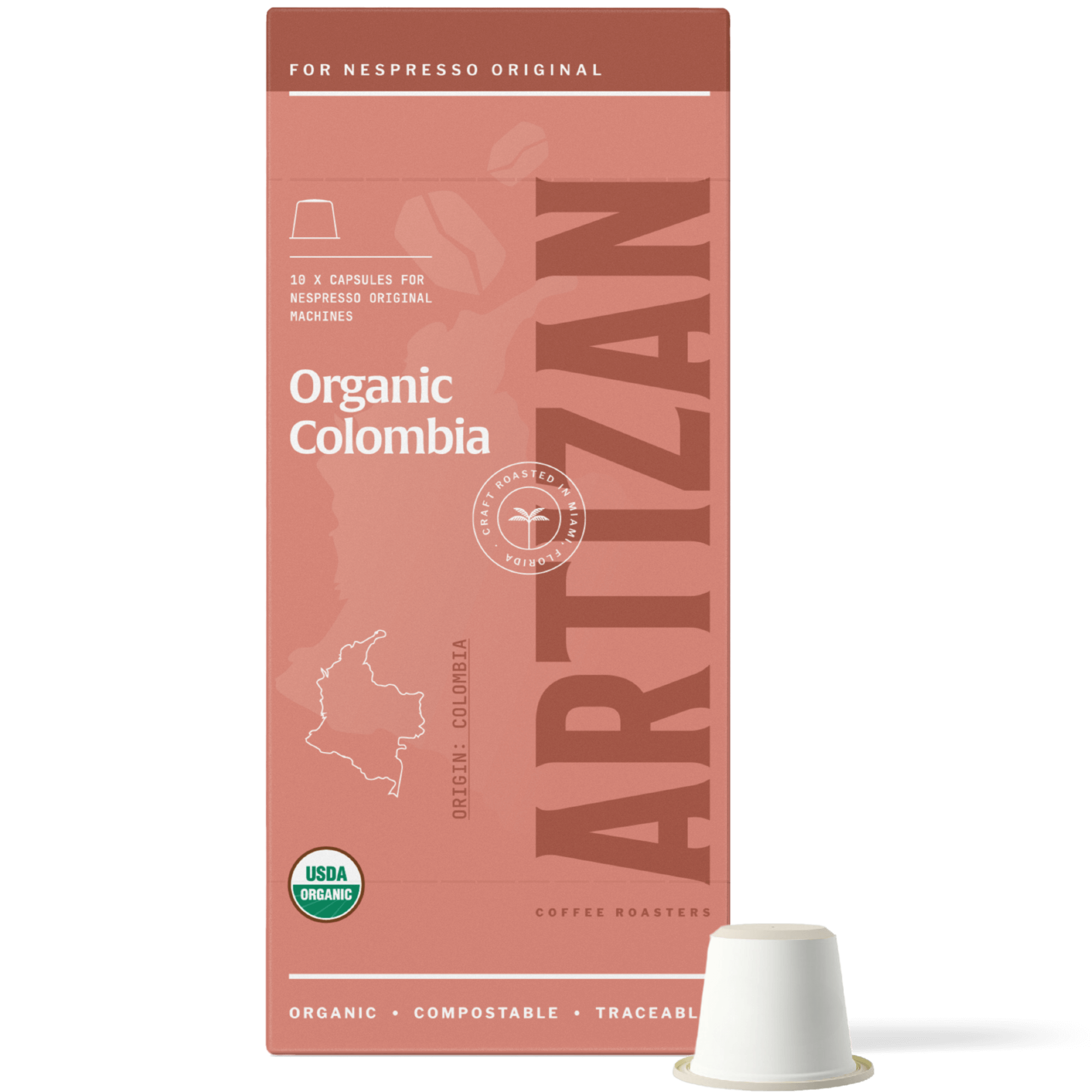 Image of Organic Colombia Nespresso Pods for Original Machines with Capsule Beside It. 