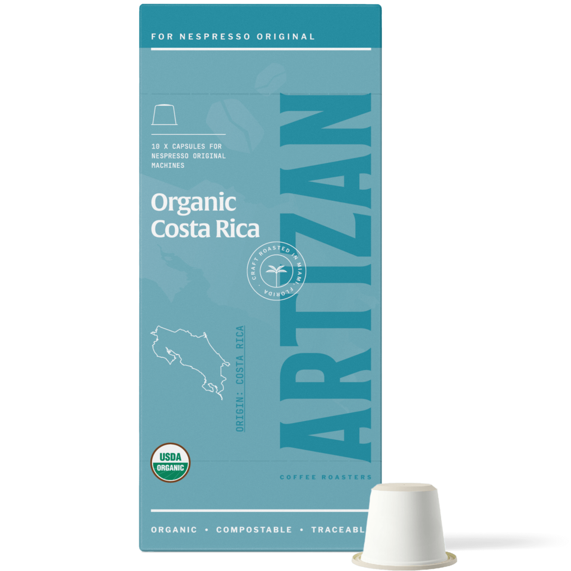 Image of Organic Costa Rica Nespresso Pods for Original Machines with Capsule Beside It. 