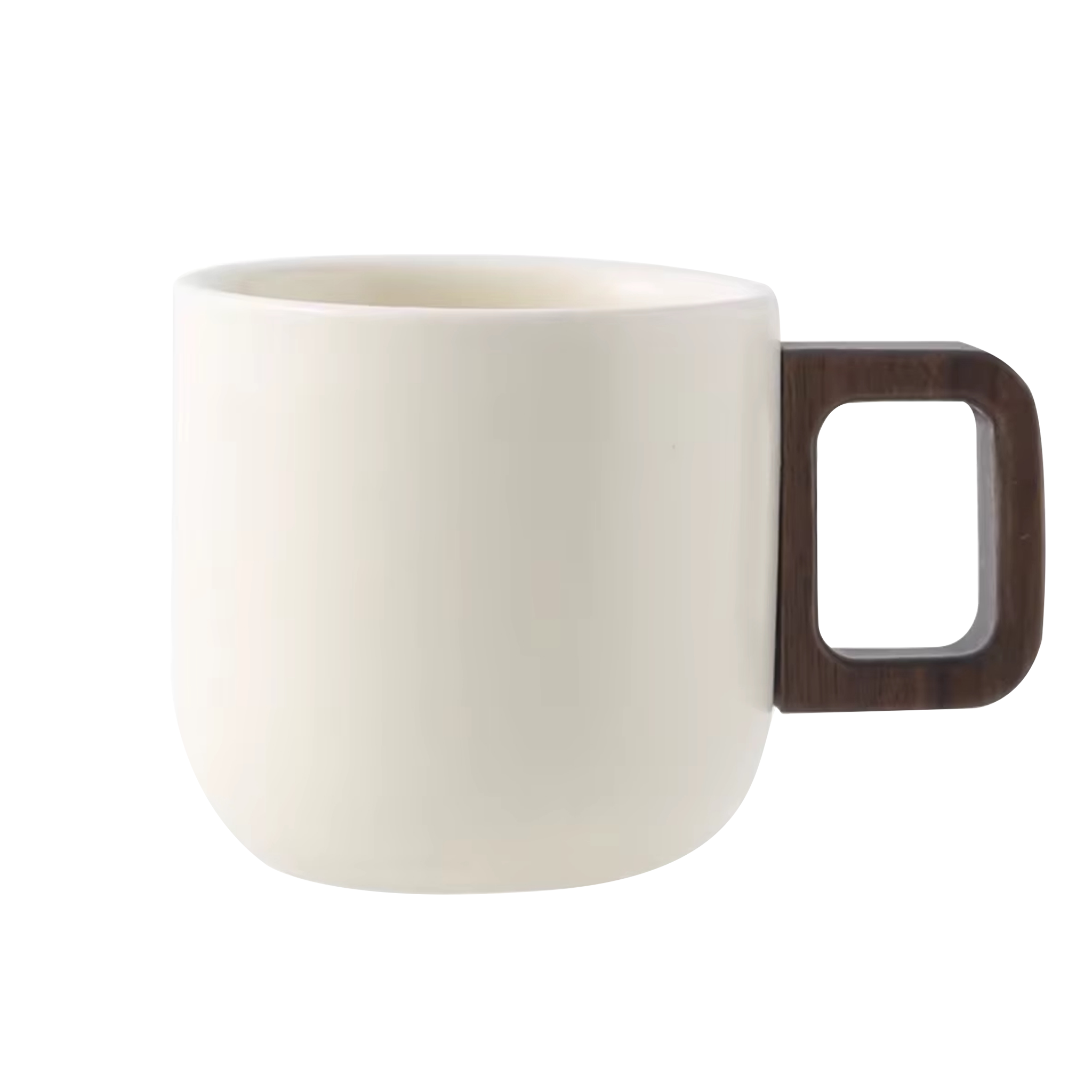 Cream ceramic mug with a dark handle, perfect for coffee or tea, modern design and durable material.