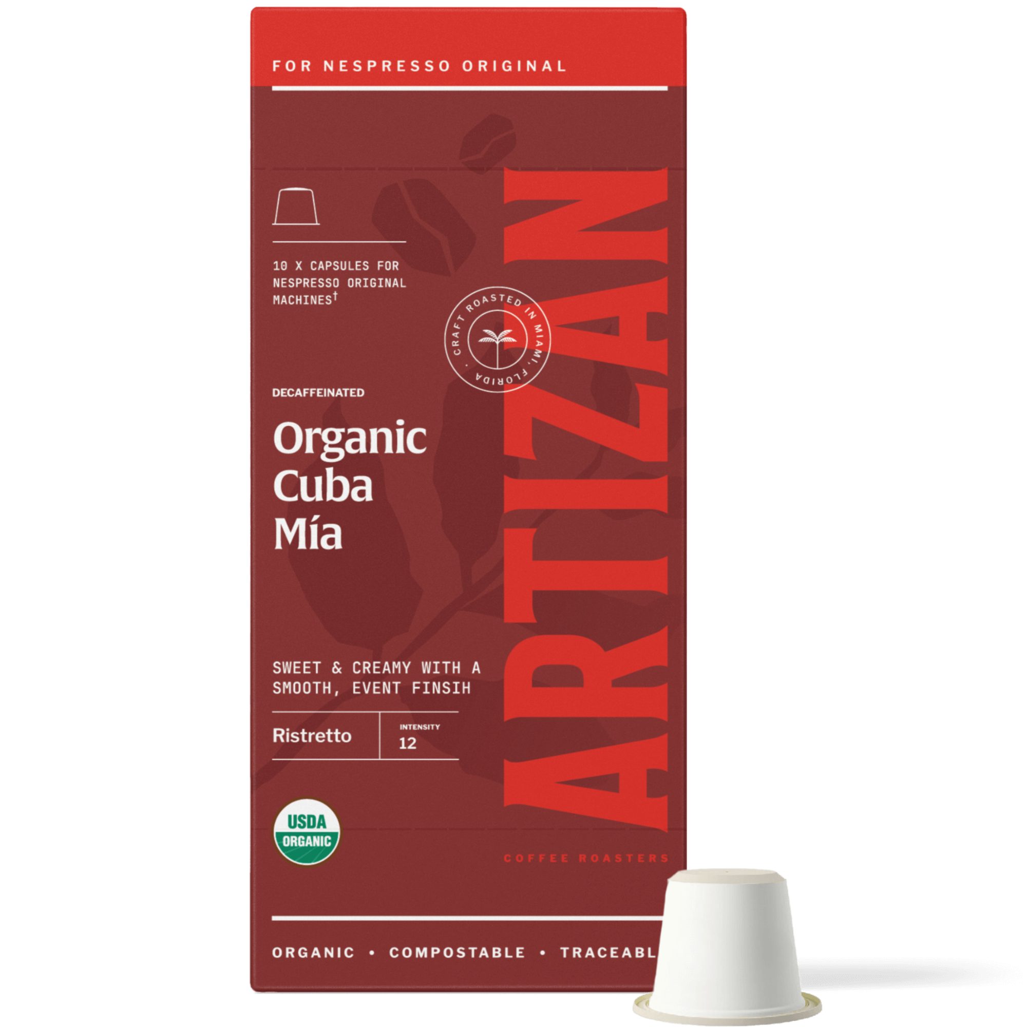 Image of Organic Cuba Mia Decaf Nespresso Pods for Original Machines with Capsule Beside It. 