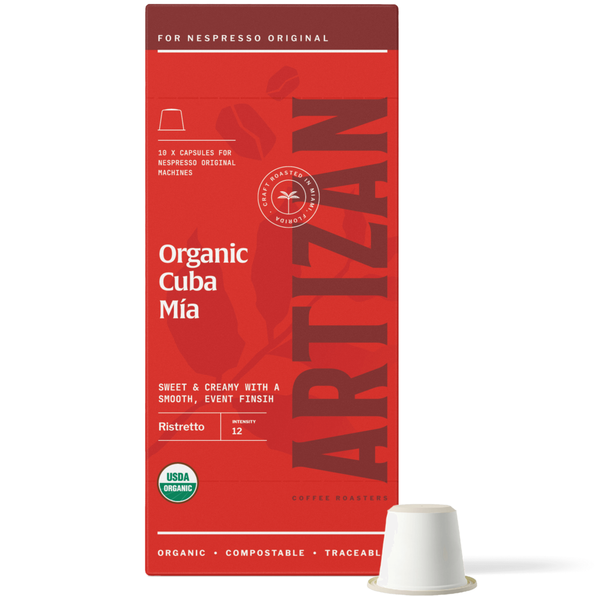 Image of Organic Cuba Mia Nespresso Pods for Original Machines with Capsule Beside It. 