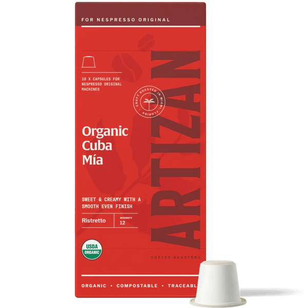 Front image packaging of Organic Cuba Mia with a capsules for NEspresso Orignal Compatible