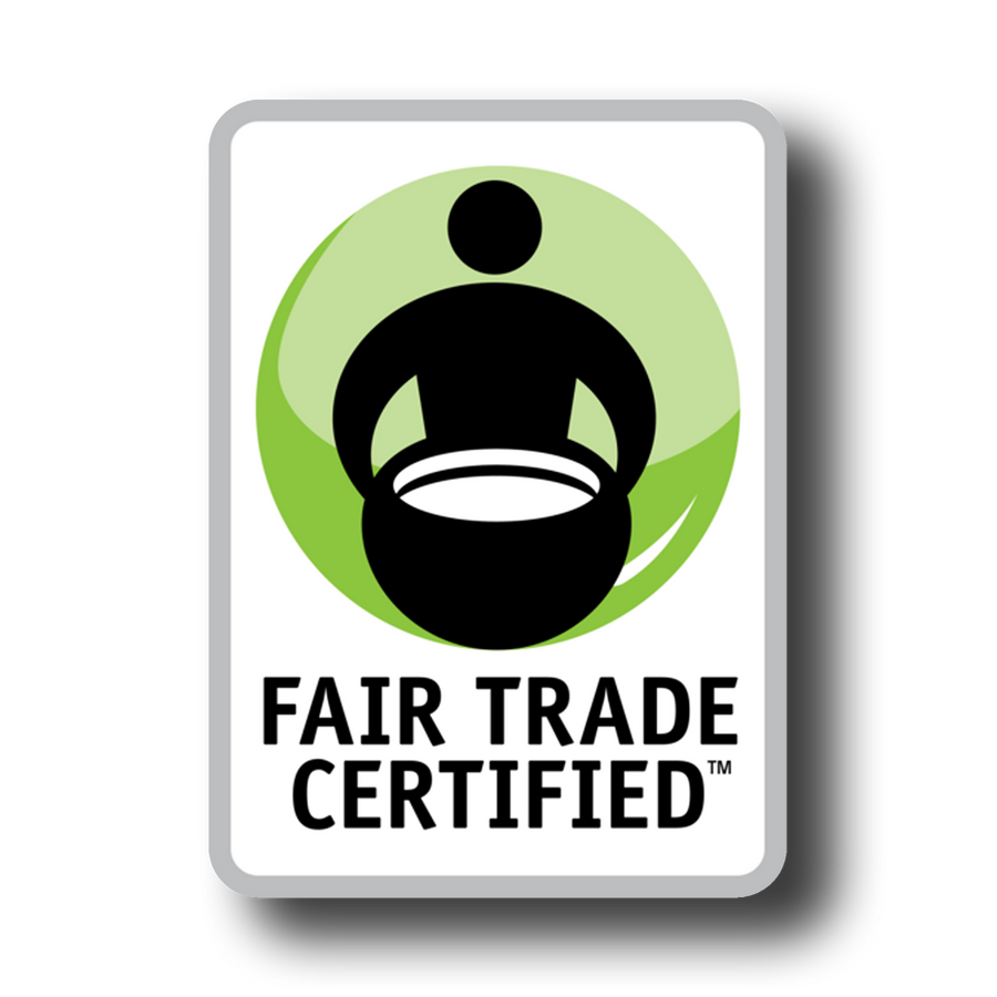 Fair Trade Certified™ logo with a person holding a bowl, set against a green circle on a white rectangular badge
