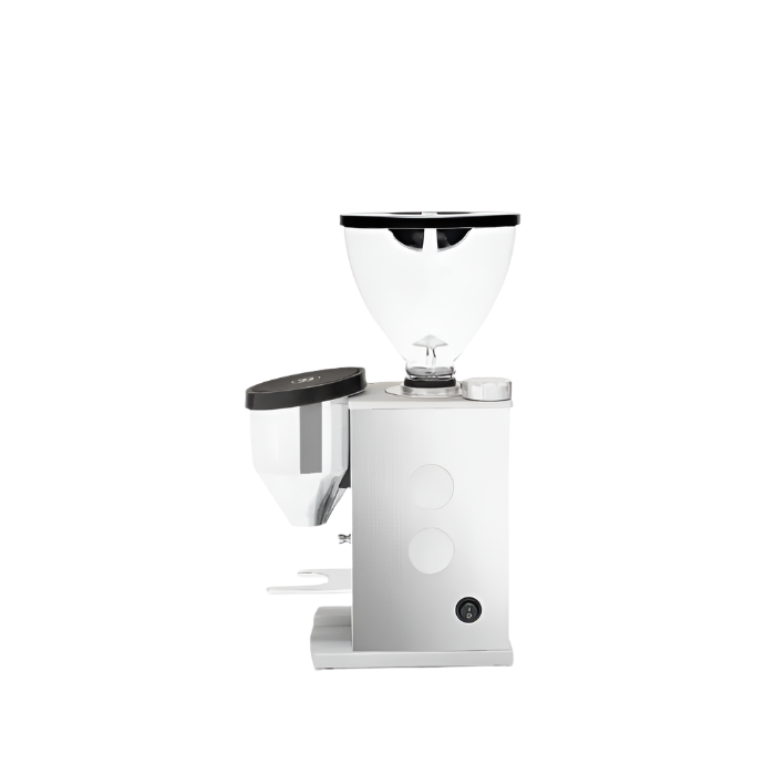 Full left side image of white variant Rocket Espresso Faustino Espresso Grinder