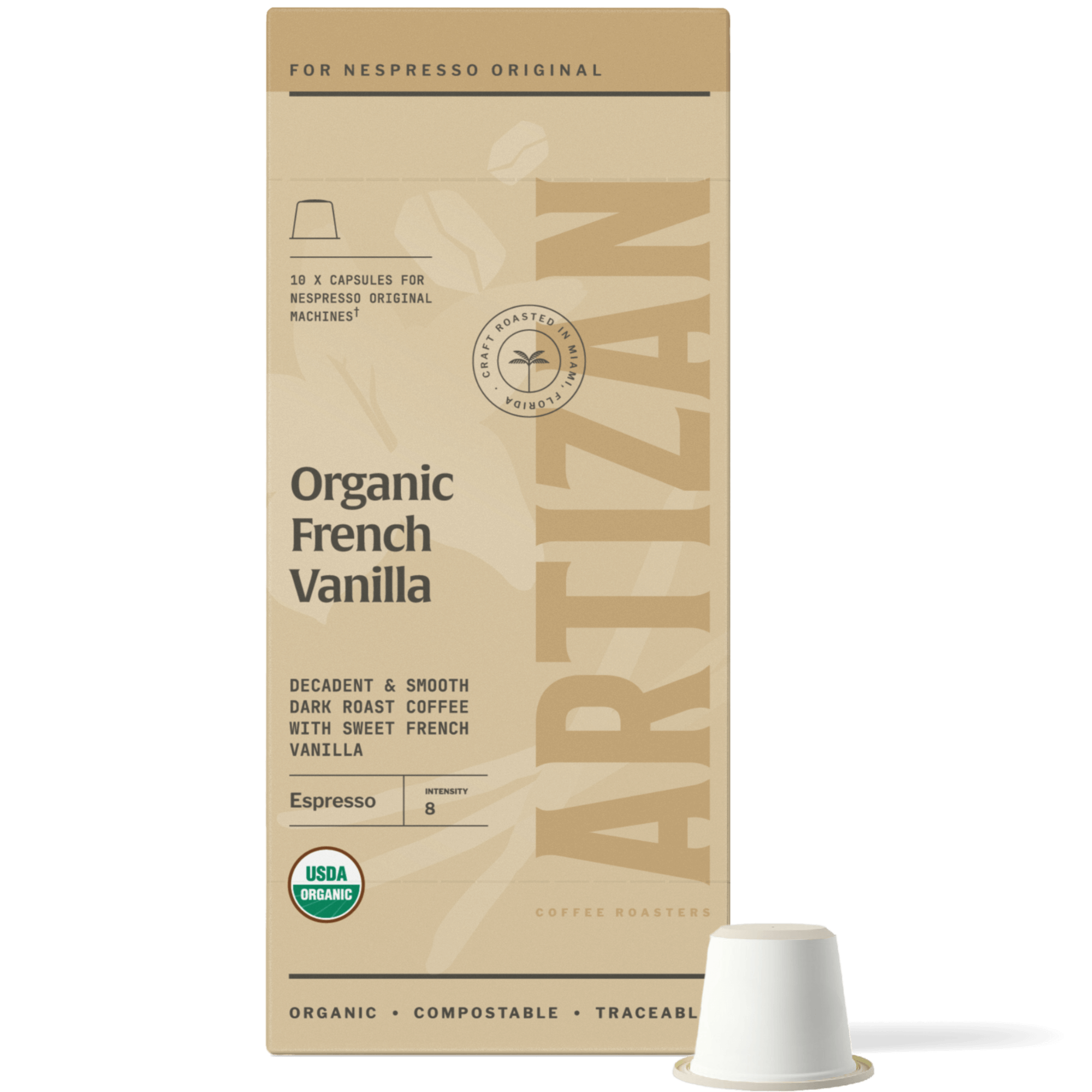 Image of Organic French Vanilla Nespresso Pods for Original Machines with Capsule Beside It. 