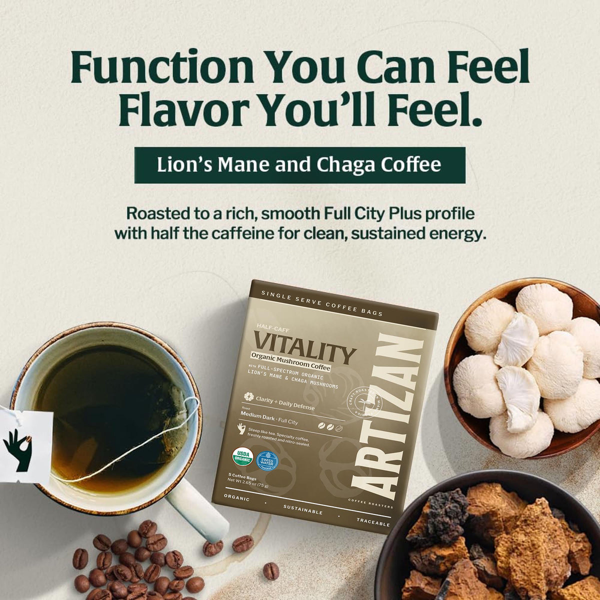 Organic Mushroom Coffee single-origin specialty coffee singles 5-pack, detail view