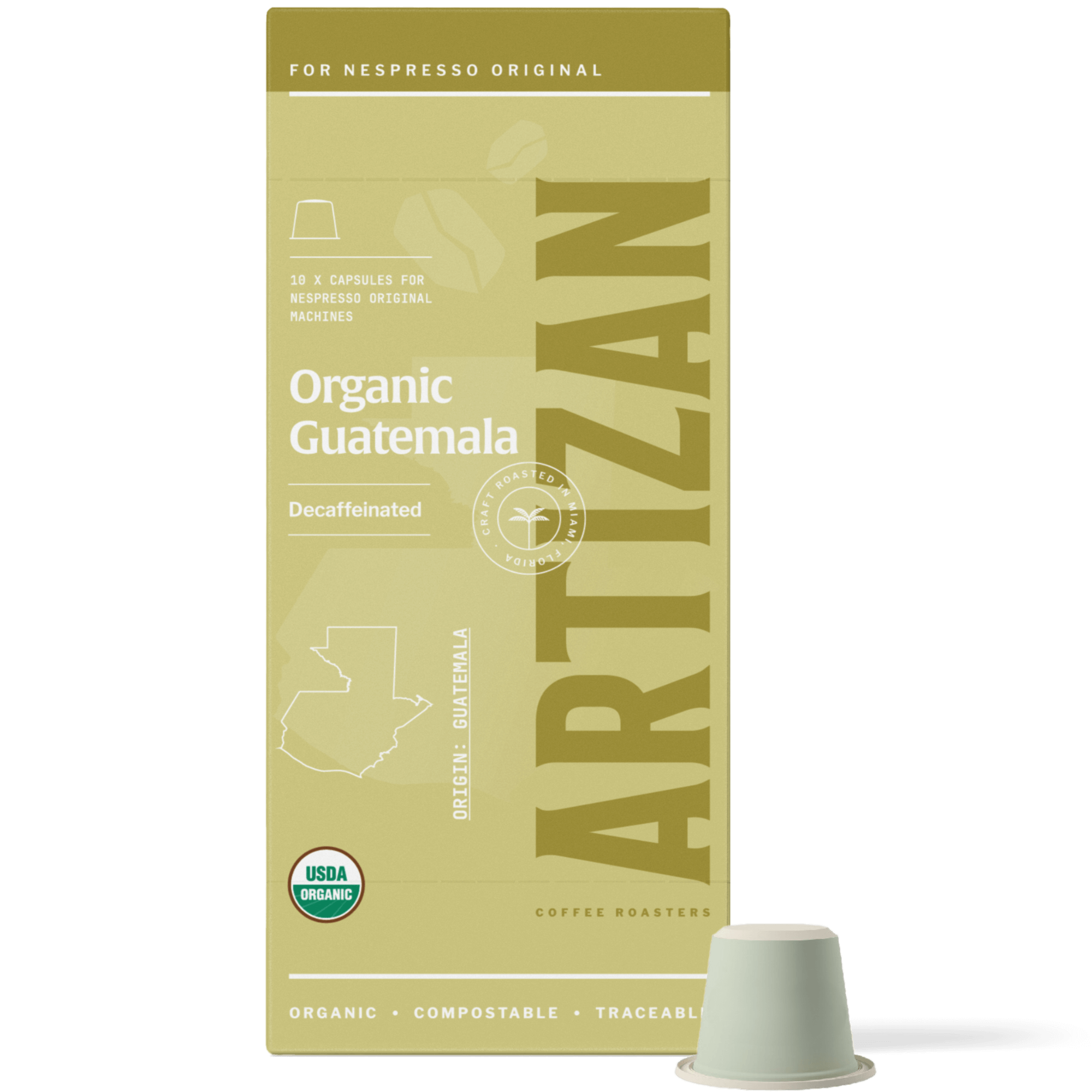 Image of Organic Guatemala Decaf Nespresso Pods for Original Machines with Capsule Beside It. 