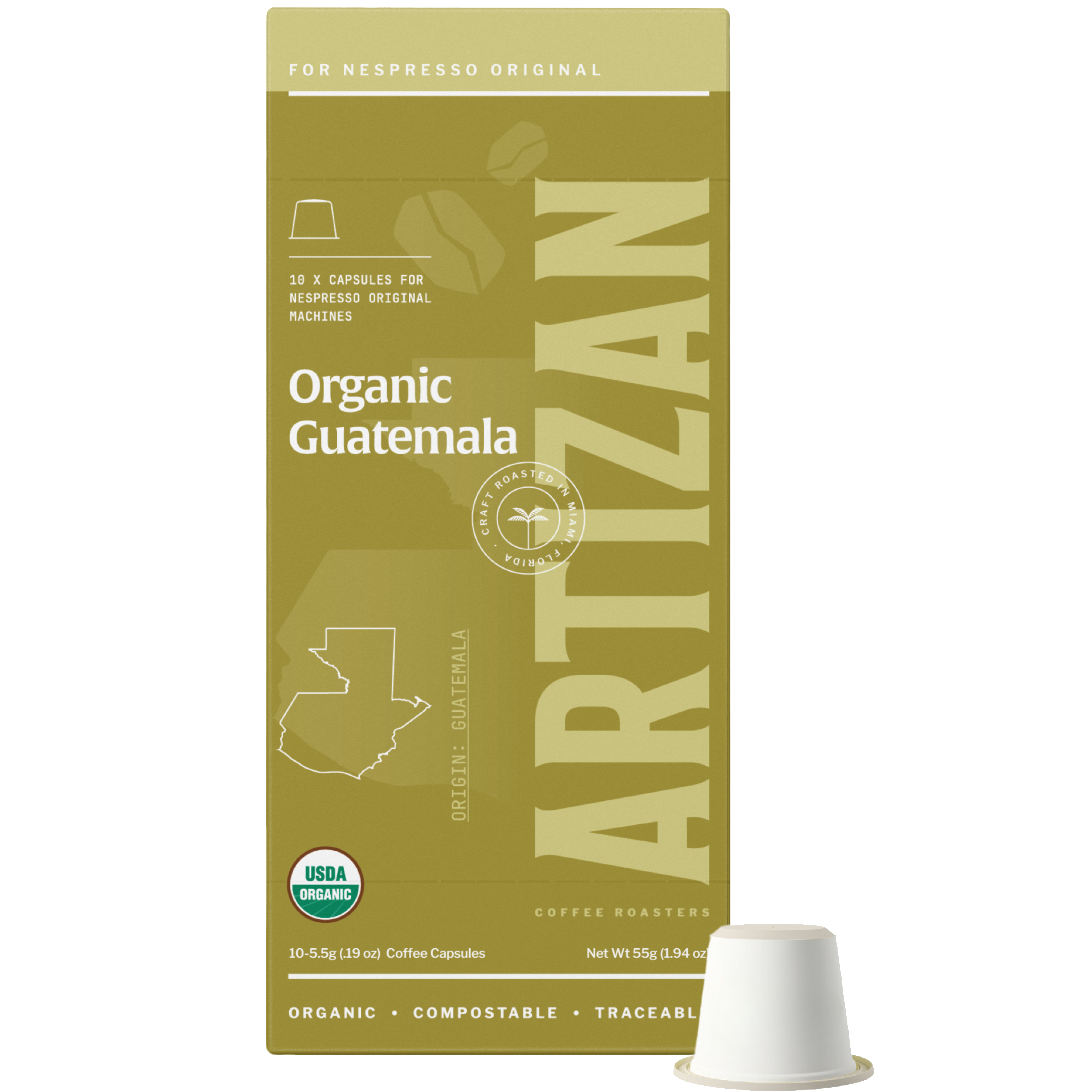 Image of Organic Guatemala Robusta Nespresso Pods for Original Machines with Capsule Beside It. 