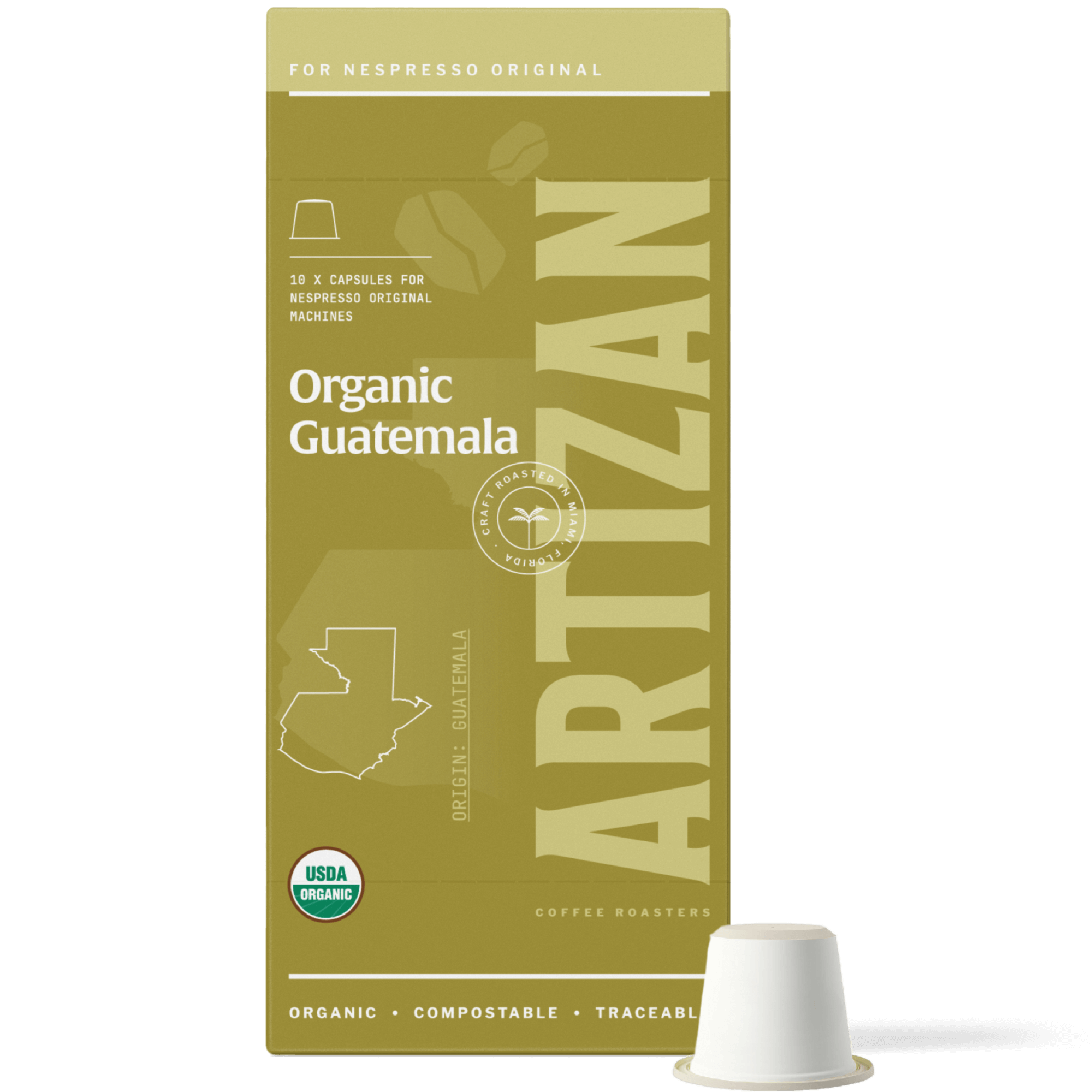 Image of Organic Guatemala Robusta Nespresso Pods for Original Machines with Capsule Beside It. 
