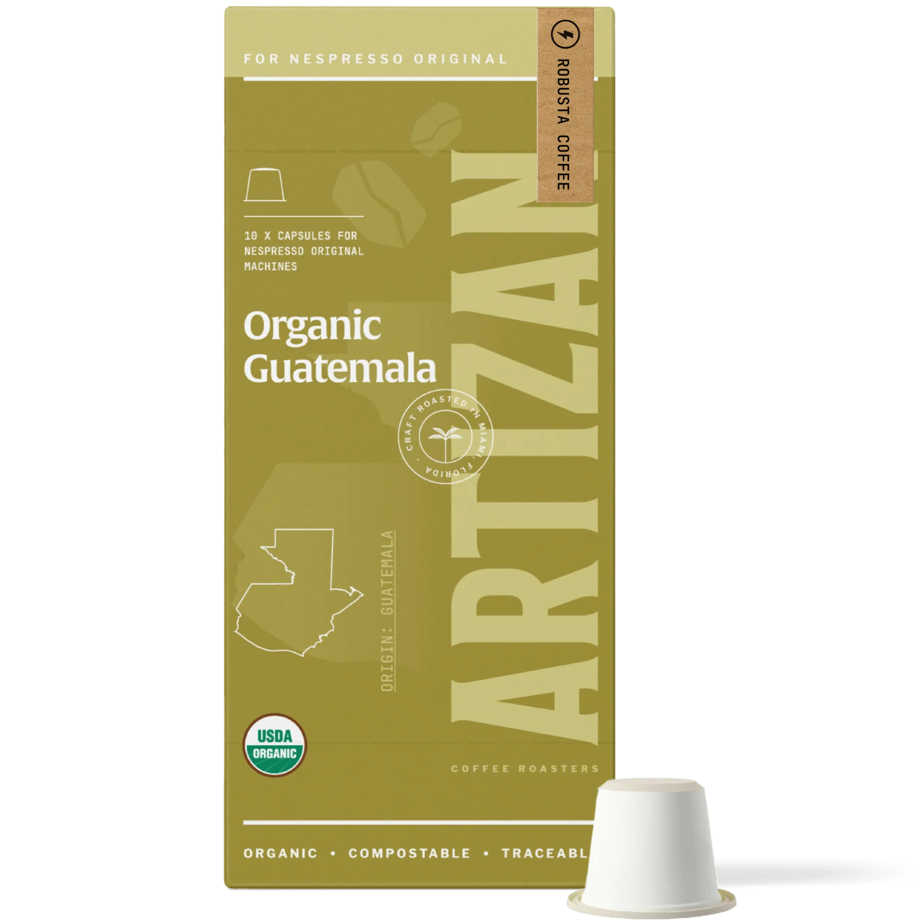 Image of Organic Guatemala Robusta Nespresso Pods for Original Machines with Capsule Beside It. 