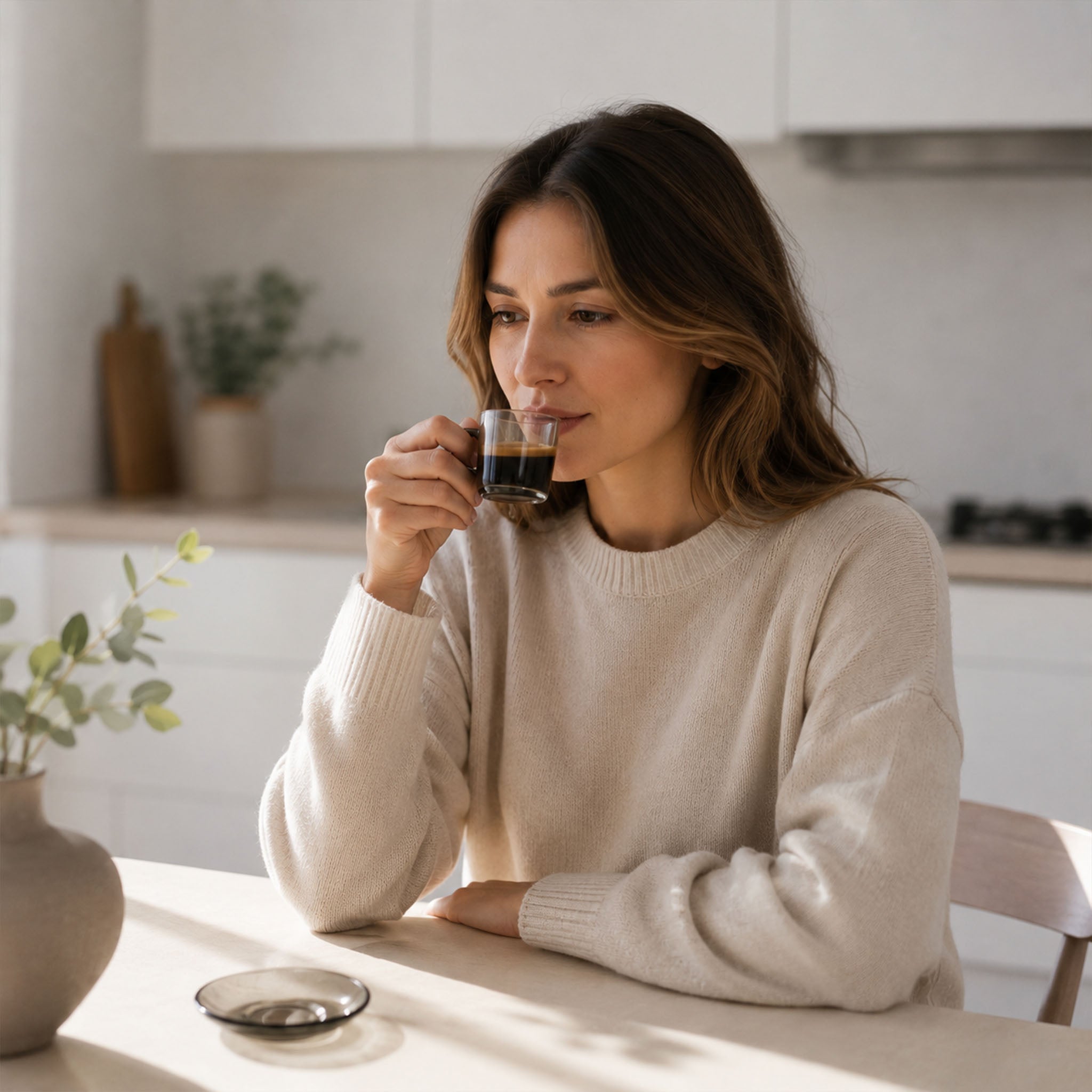Woman enjoying espresso from a smoky glass espresso cup with a wooden handle in a bright modern kitchen.