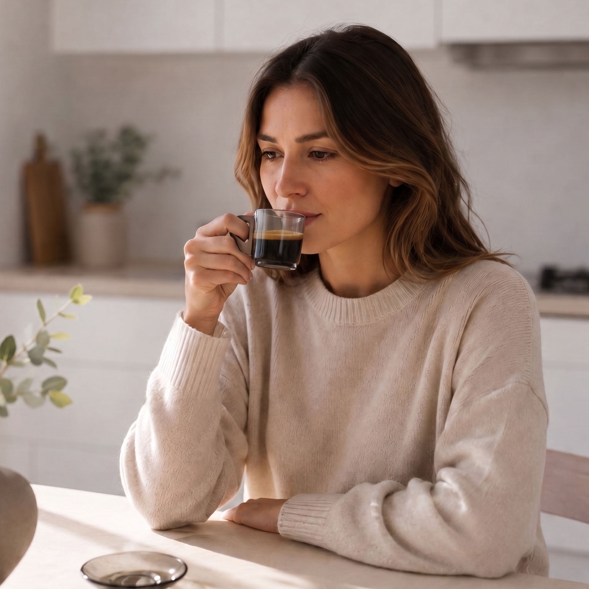 Woman enjoying espresso from a smoky glass espresso cup with a wooden handle in a bright modern kitchen.