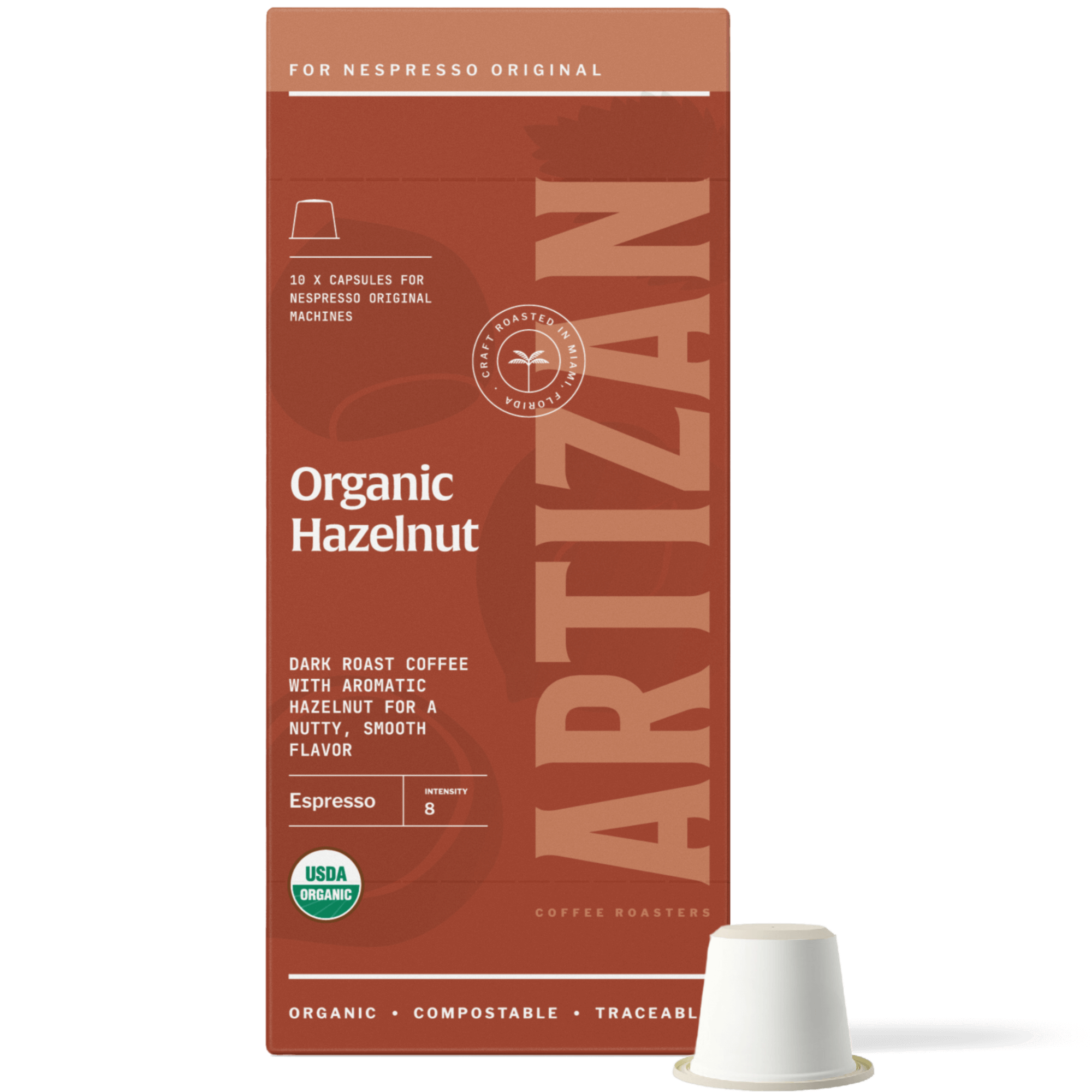 Image of Organic Hazelnut Nespresso Pods for Original Machines with Capsule Beside It. 