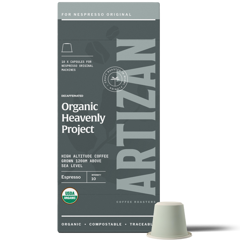 Front Image of Heavenly Project Packaging with Compostable Original Nespresso Pods Beside it.