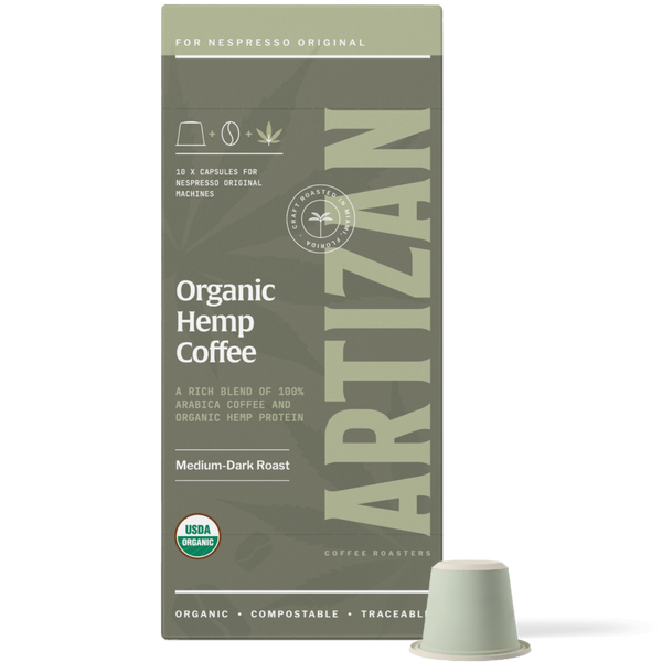 Image of Organic Hemp Nespresso Pods for Original Machines with Capsule Beside It. 