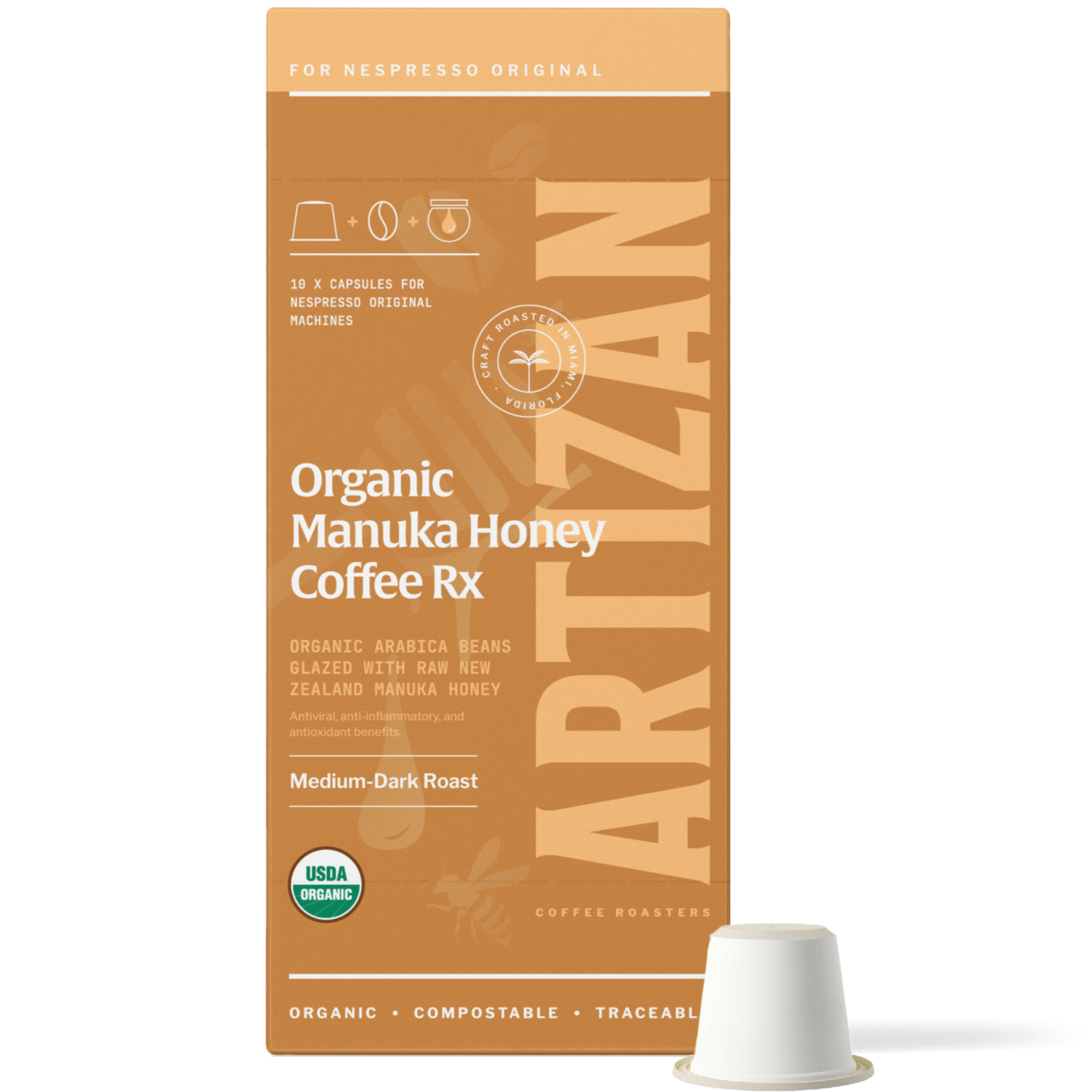 Image of Organic Manuka Honey Nespresso Pods for Original Machines with Capsule Beside It. 