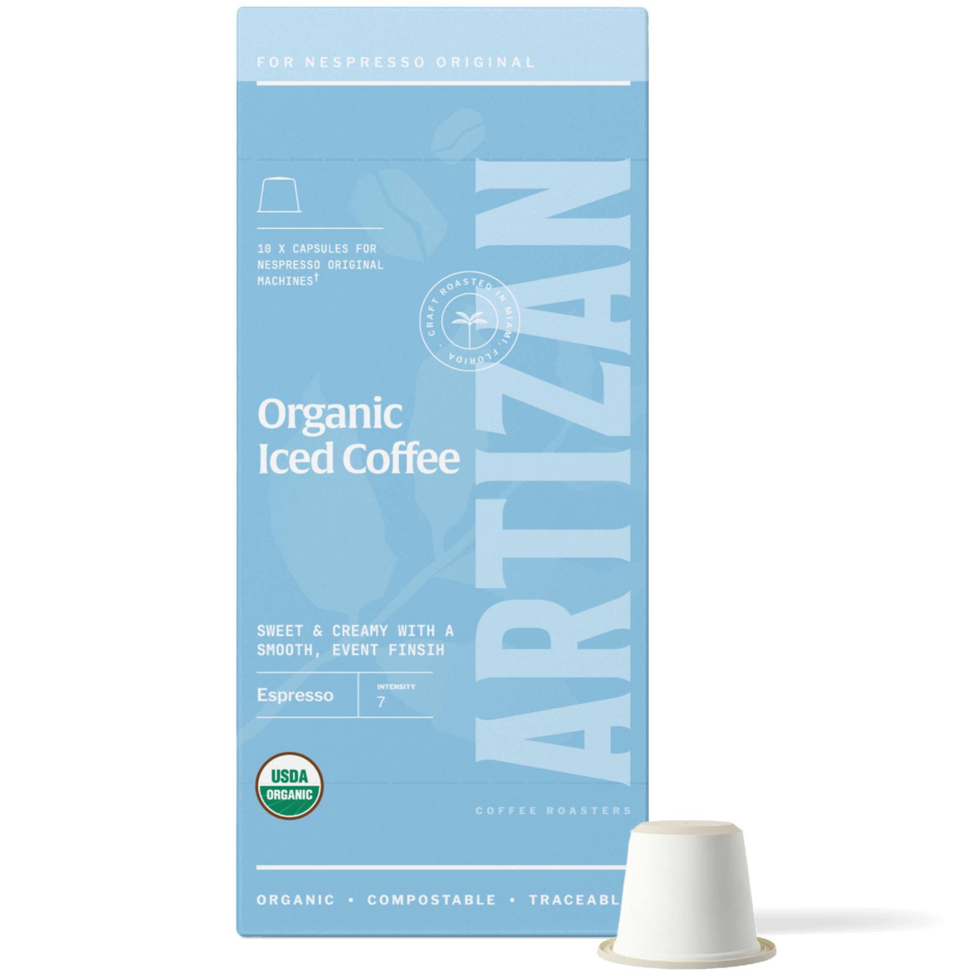 Image of Organic Iced Coffee Nespresso Pods for Original Machines with Capsule Beside It. 
