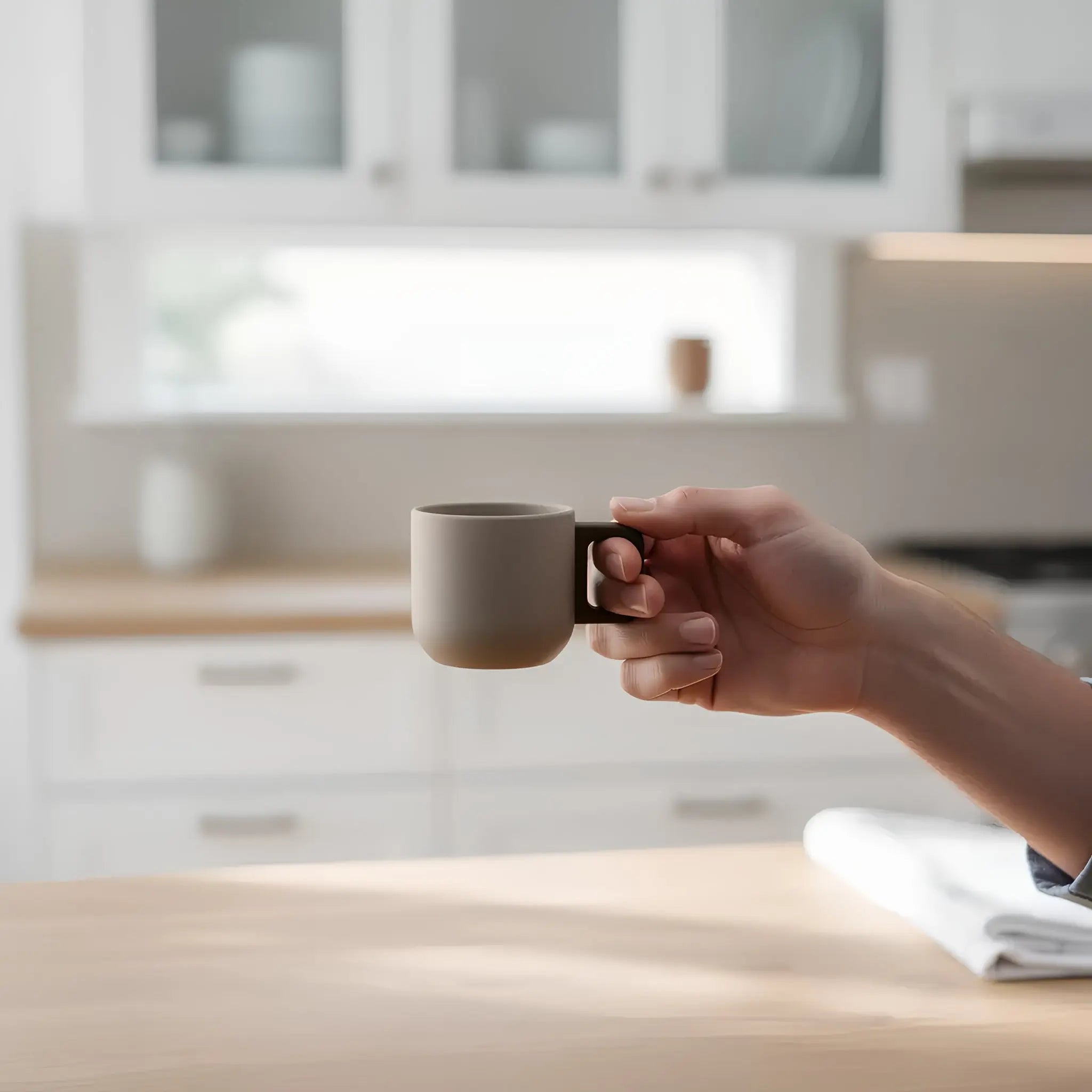 Elegant minimalist gray ceramic coffee mug with a modern handle, perfect for kitchen use.