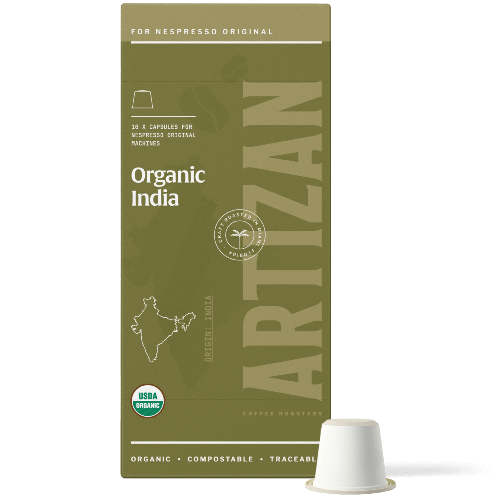 Image of Organic India Nespresso Pods for Original Machines with Capsule Beside It. 