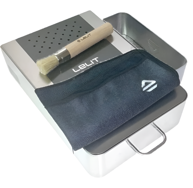 Lelit Knock Box Drawer with brush and micro fiber cloth on top