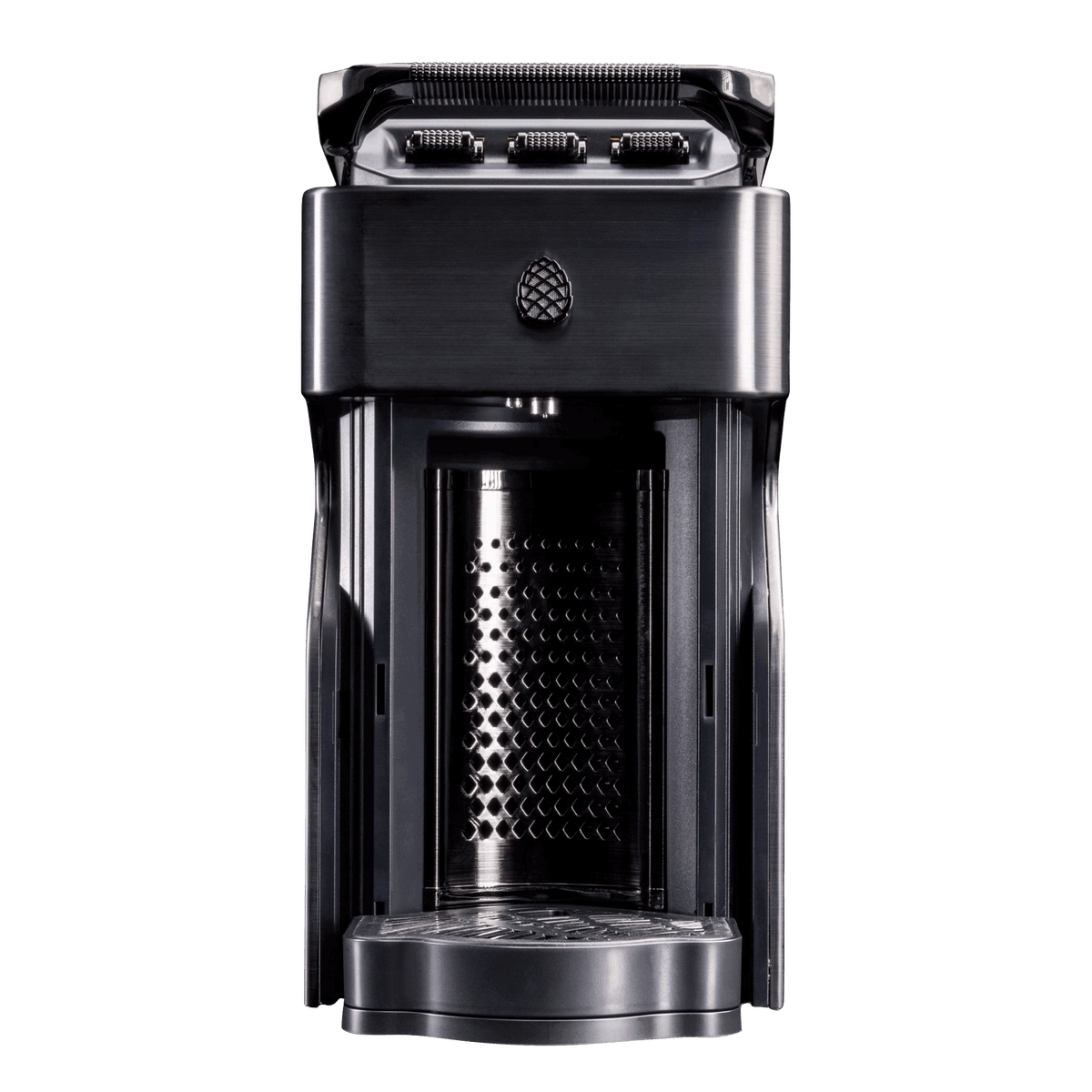 Line1 espresso machine Brushed Nickel – front view with capsule chamber open