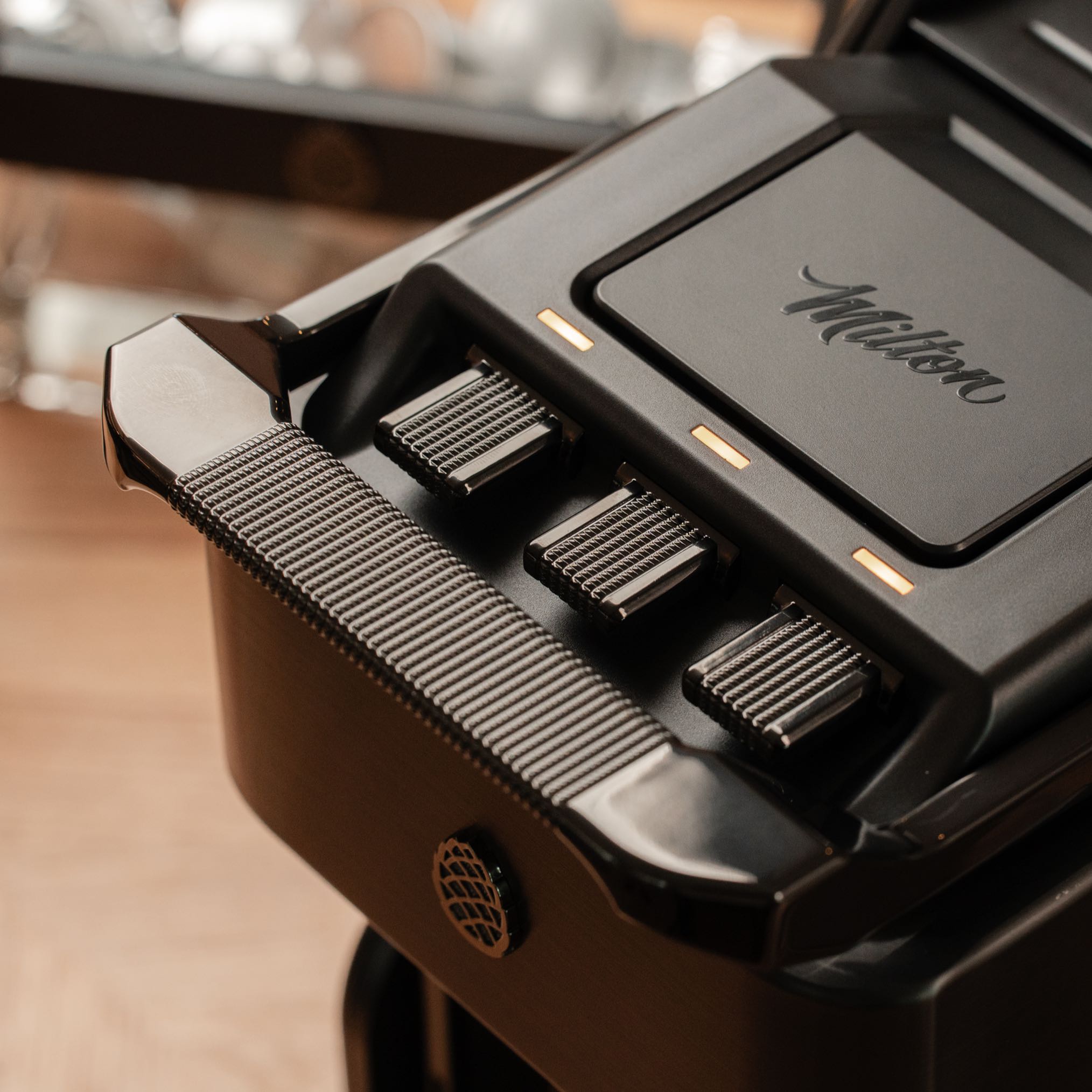 Close-up of Line1 Espresso and Coffee Machine Brushed Nickel control panel and brew settings
