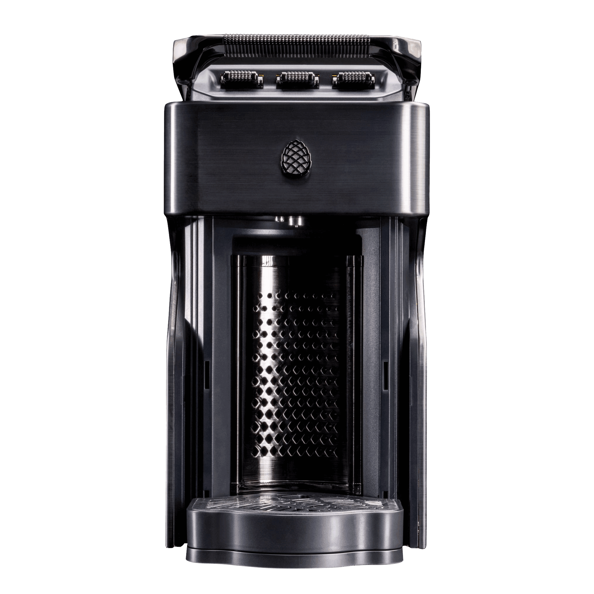 Line1 Espresso and Coffee Machine in Brushed Nickel and Saddle – front view on white background