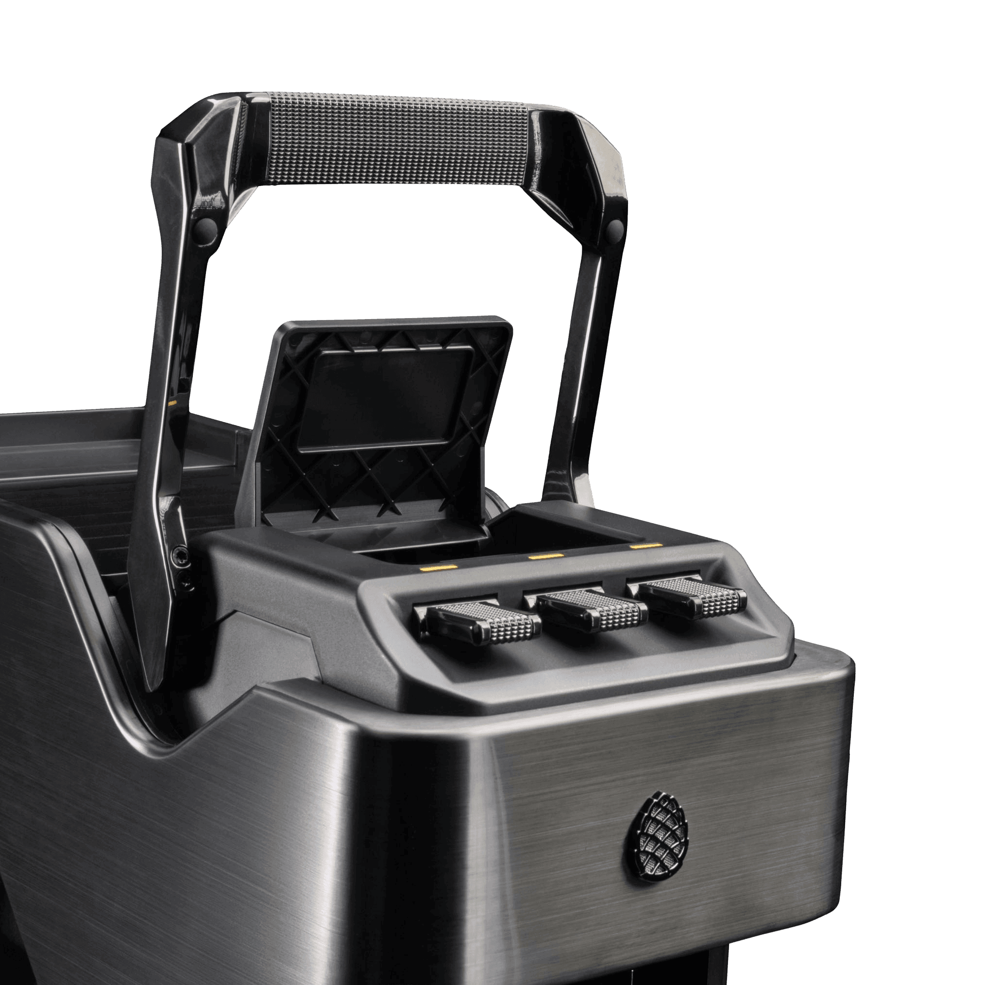 Line1 Espresso and Coffee Machine in Brushed Nickel and Saddle showing Nespresso capsule compatibility