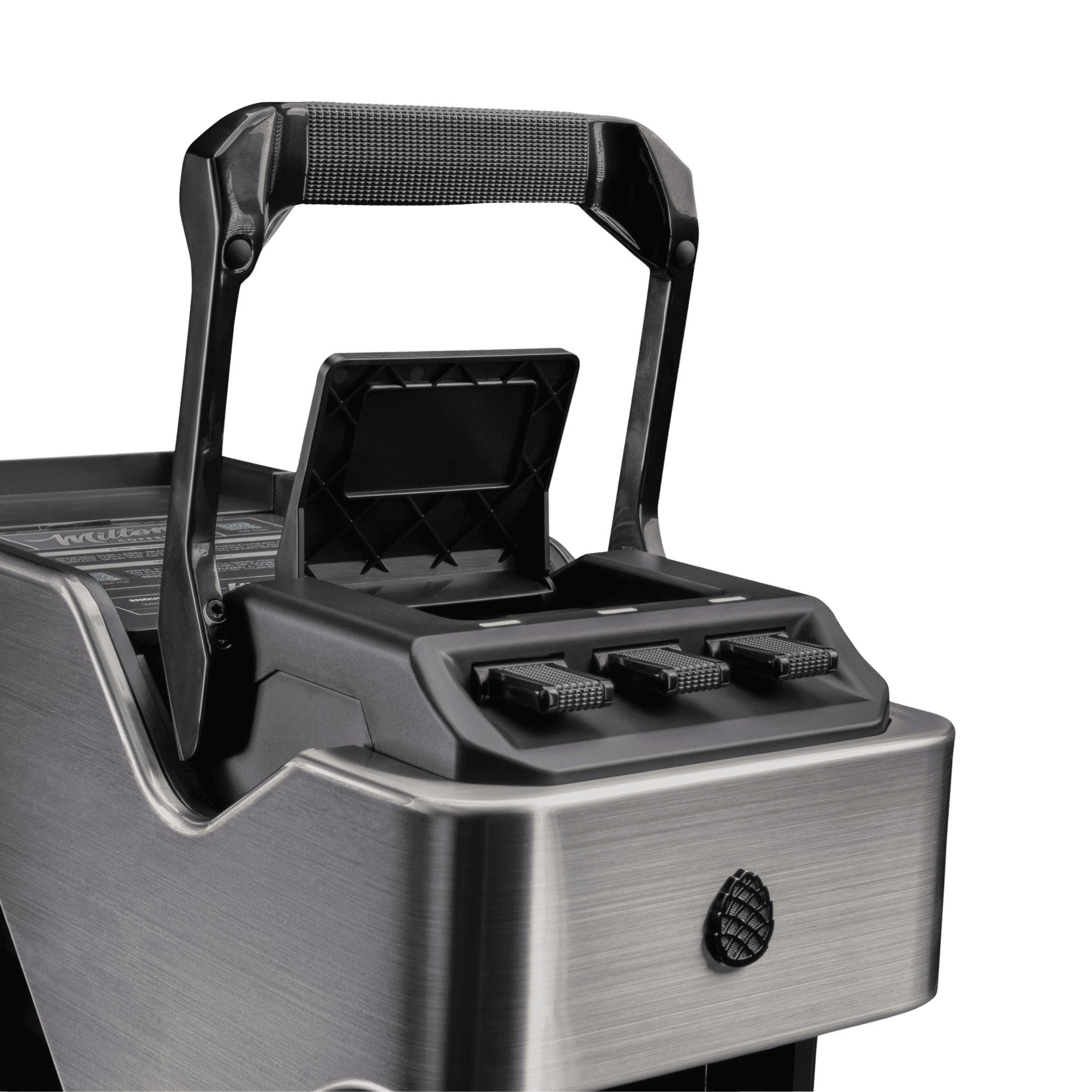Line1 Espresso and Coffee Machine in Brushed Silver and Grain showing Nespresso capsule compatibility