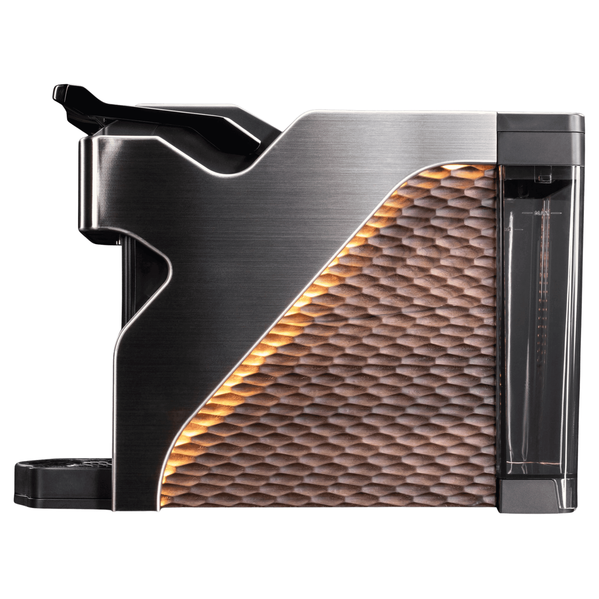 Line1 Espresso and Coffee Machine in Brushed Silver and Grain – three-quarter view on white background