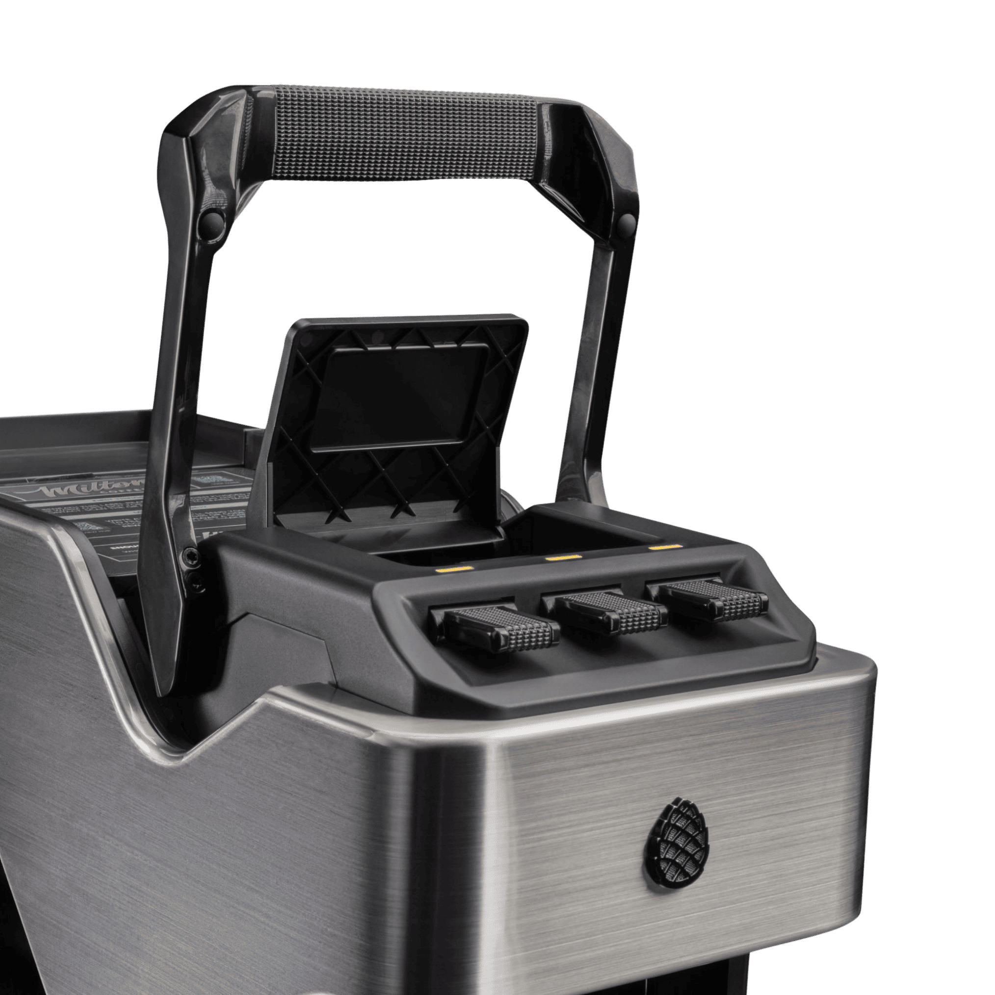 Line1 Espresso and Coffee Machine in Brushed Silver and Onyx showing Nespresso capsule compatibility