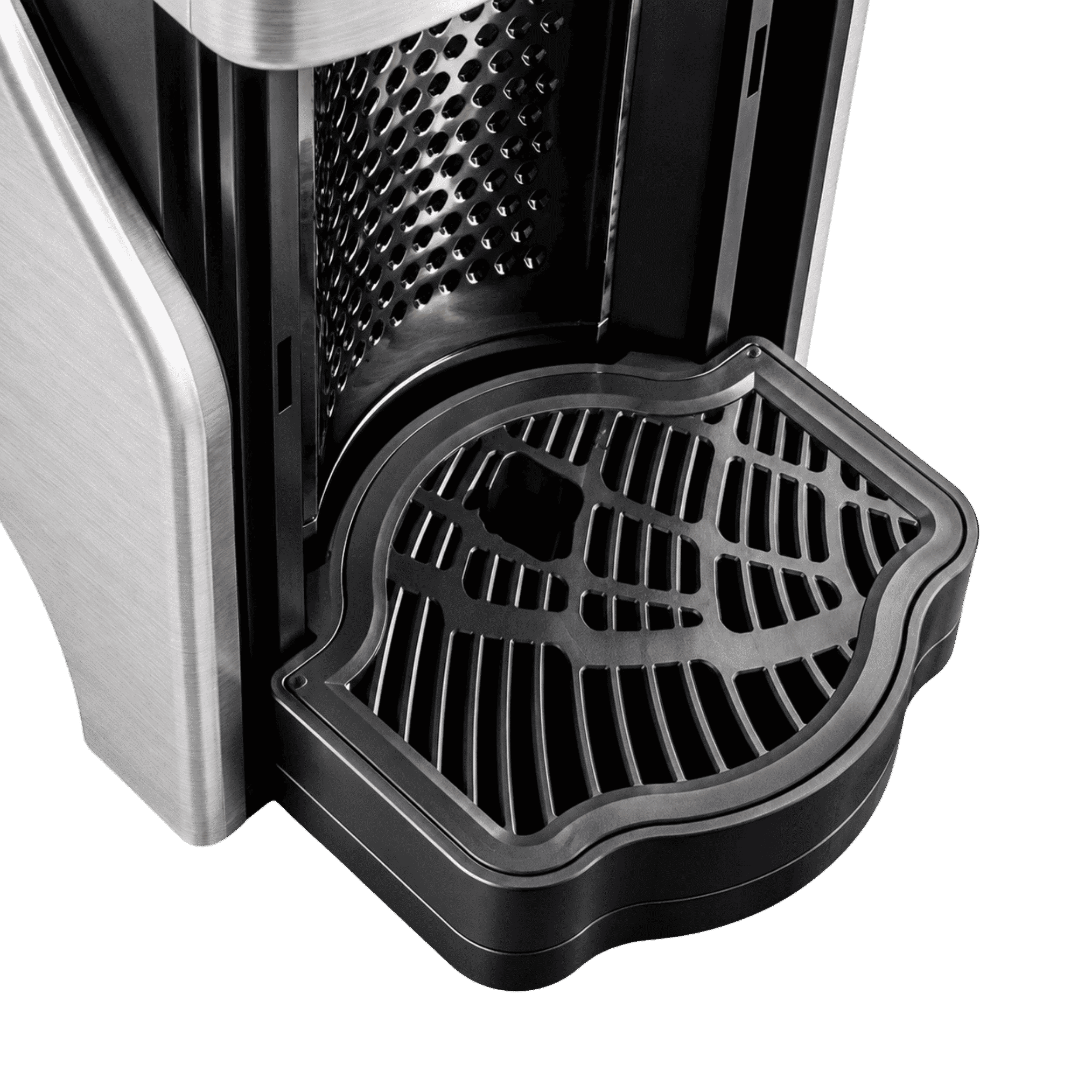 Line1 Espresso and Coffee Machine in Brushed Silver and Saddle – front view on white background