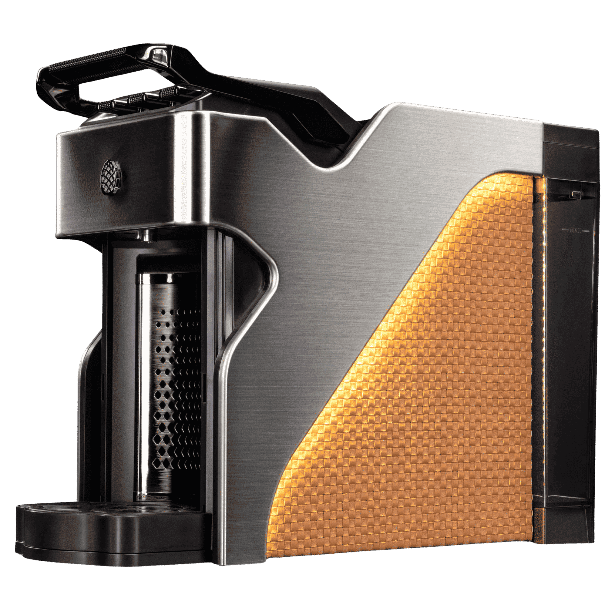 Line1 Espresso and Coffee Machine in Brushed Silver and Saddle – side view on white background
