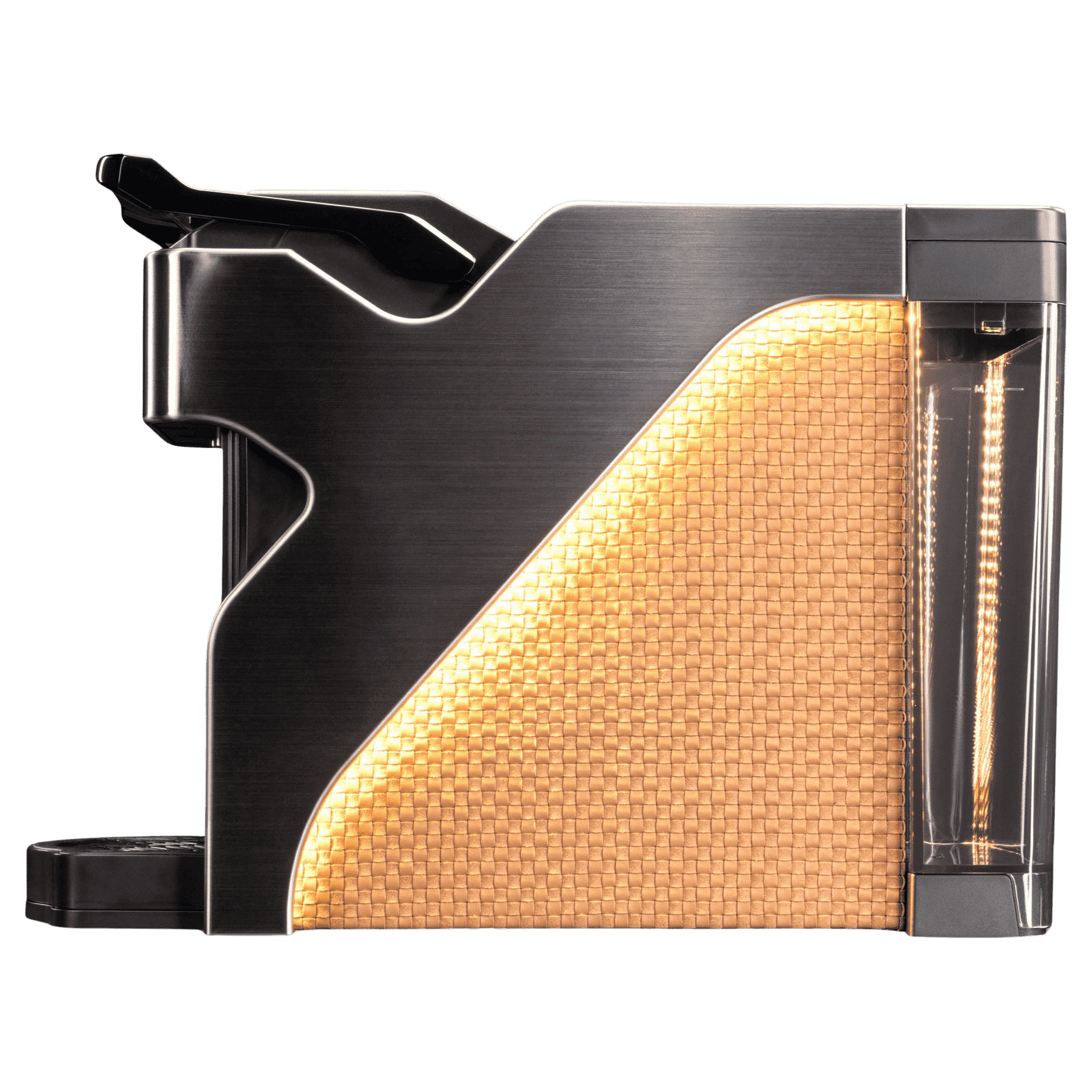 Line1 Espresso and Coffee Machine in Brushed Silver and Saddle – three-quarter view on white background