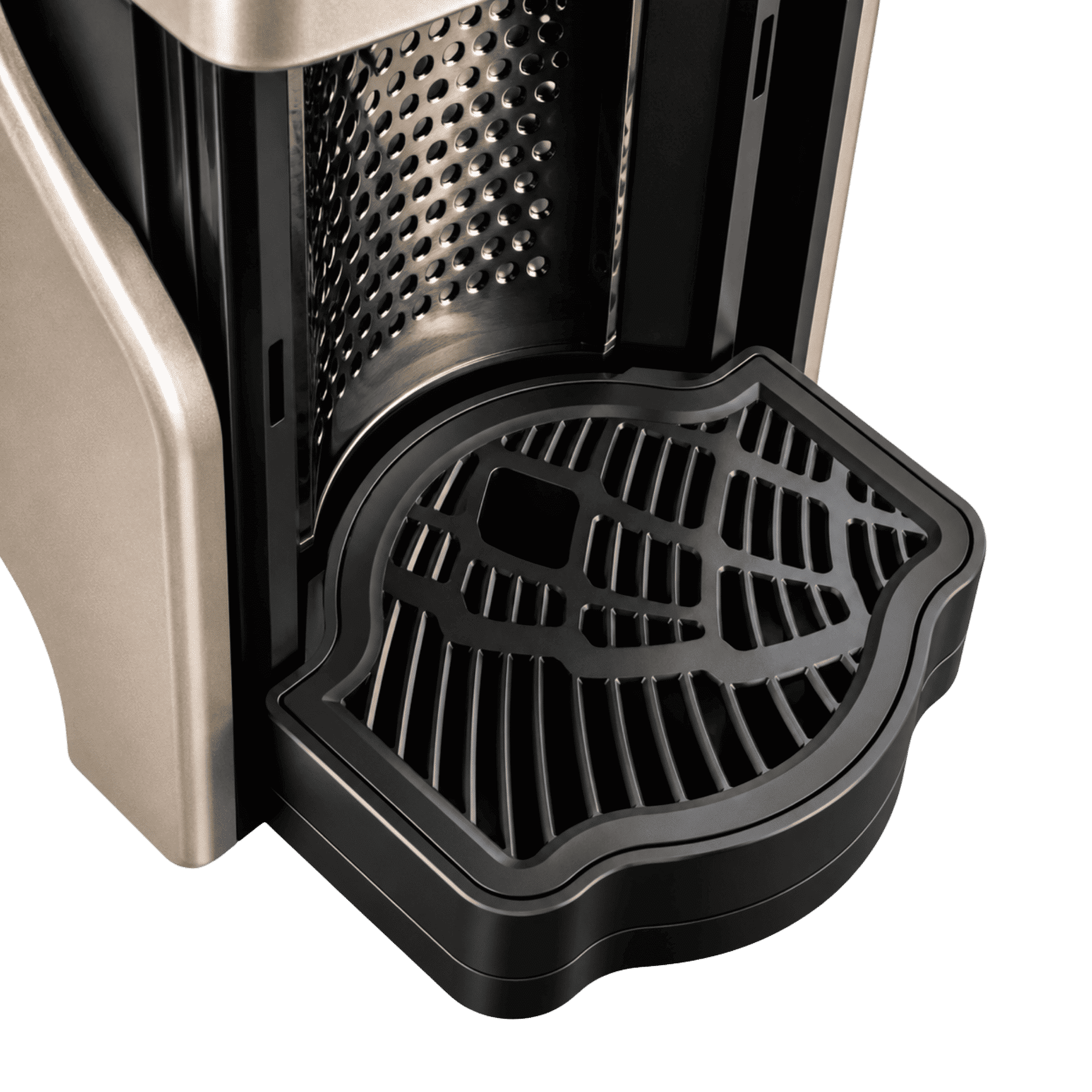 Line1 Espresso and Coffee Machine in Champagne and Onyx showing Nespresso capsule compatibility