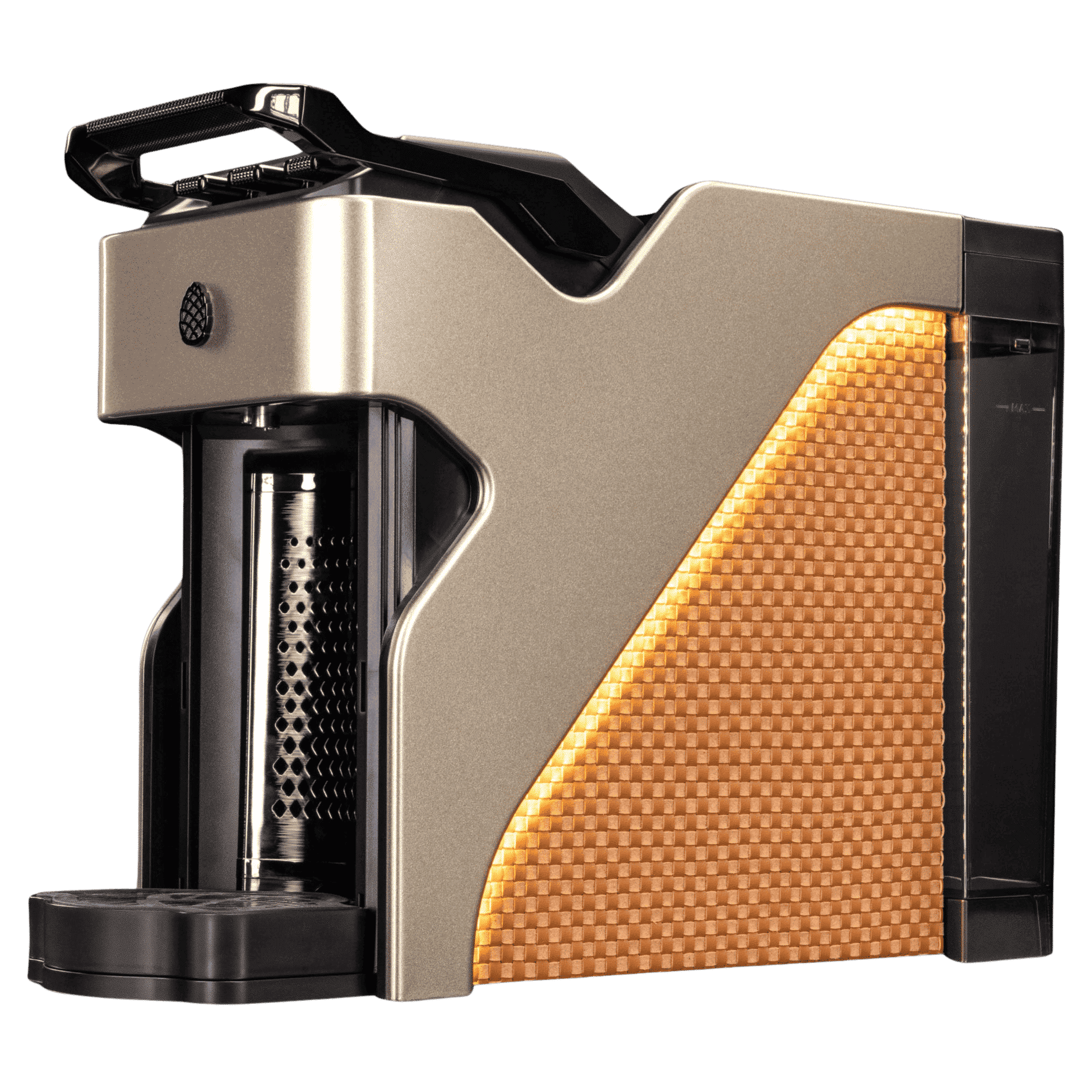 Line1 Espresso and Coffee Machine in Champagne and Saddle – side view on white background