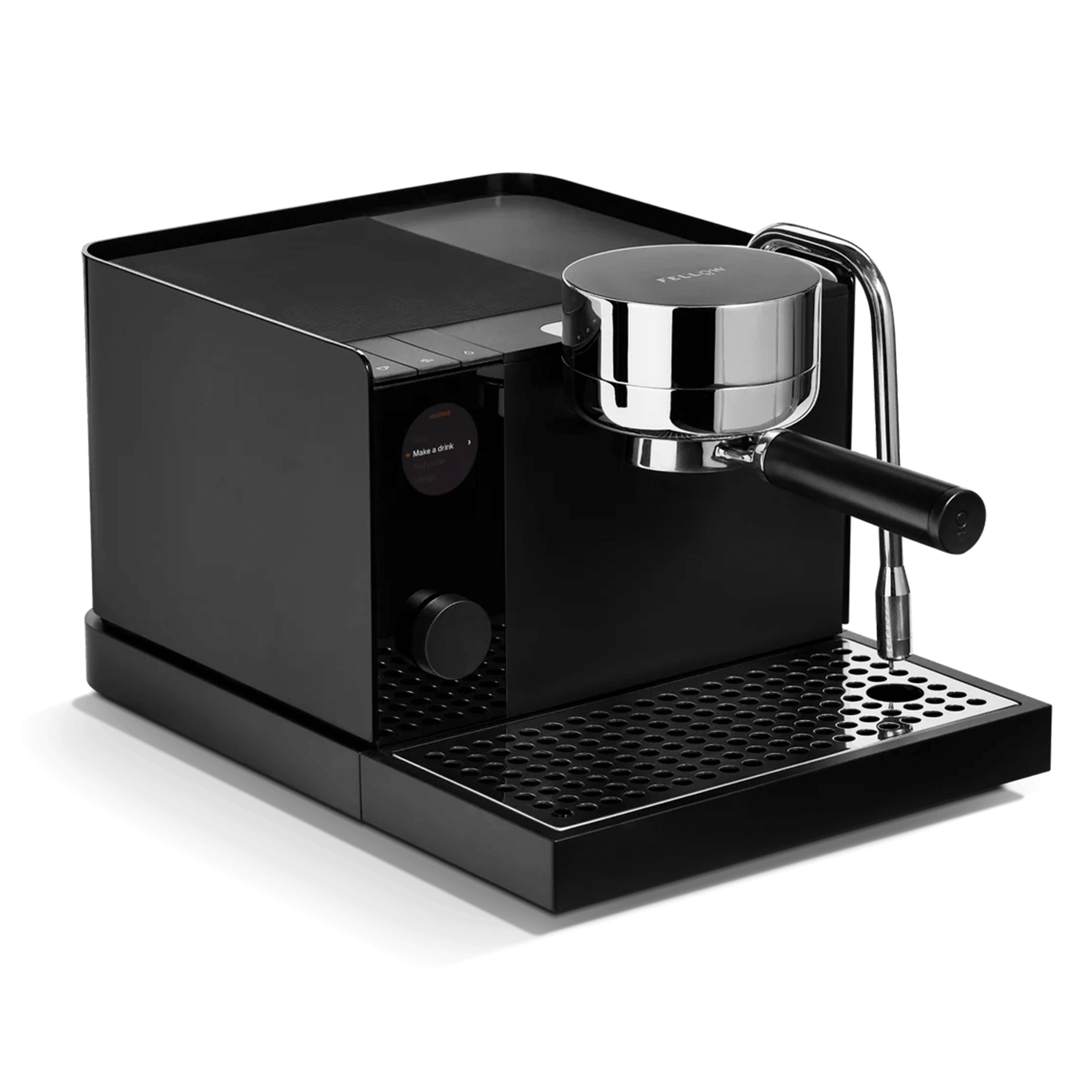 modern matte black espresso machine variant  with chrome portafilter and steam wand, compact countertop coffee maker