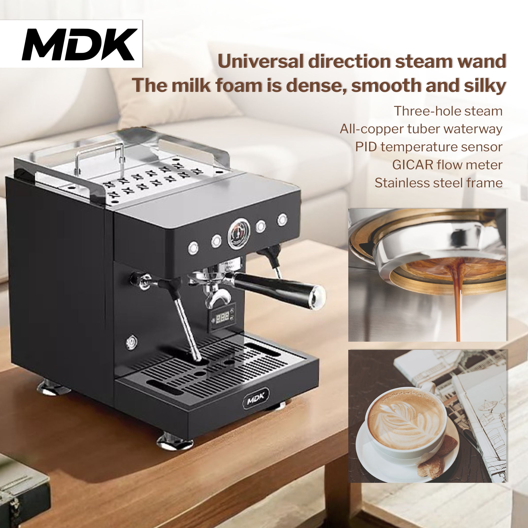 MDK espresso machine compact home coffee maker with steam wand for milk frothing