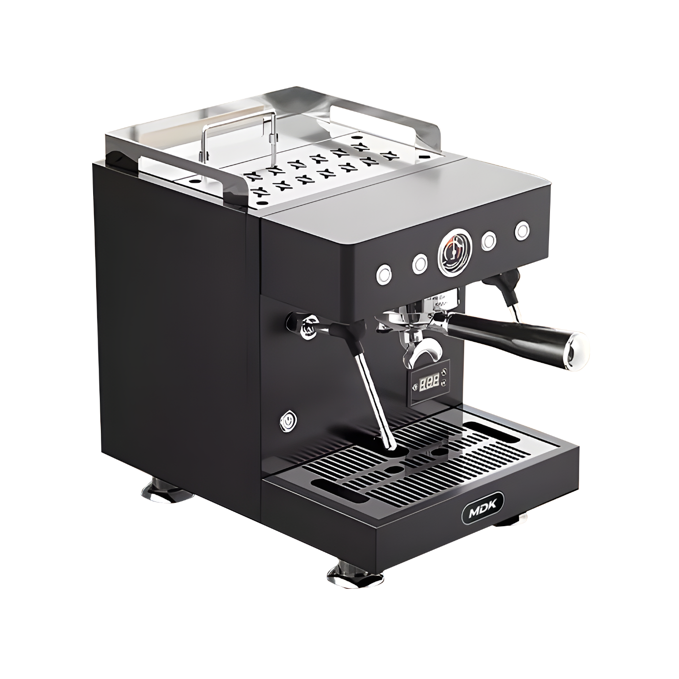 MDK MC-1 tabletop espresso coffee machine in black with steam wand and portafilter on a wooden table.