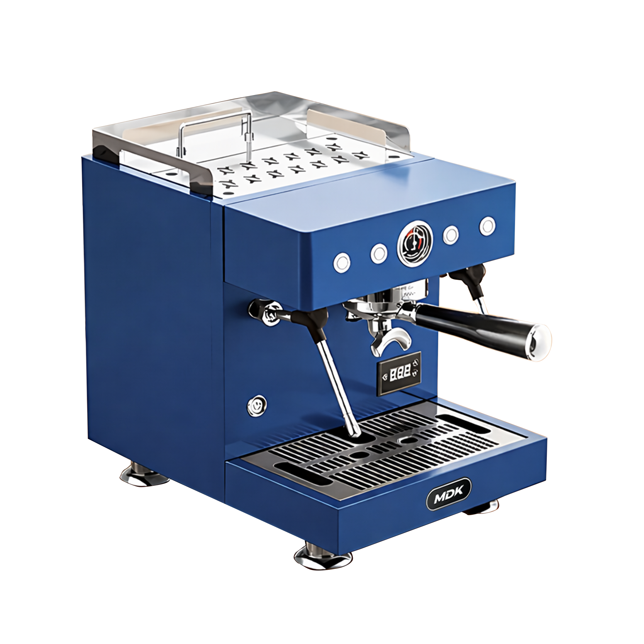 MDK MC-1 tabletop espresso coffee machine in blue with steam wand and portafilter on a wooden table.
