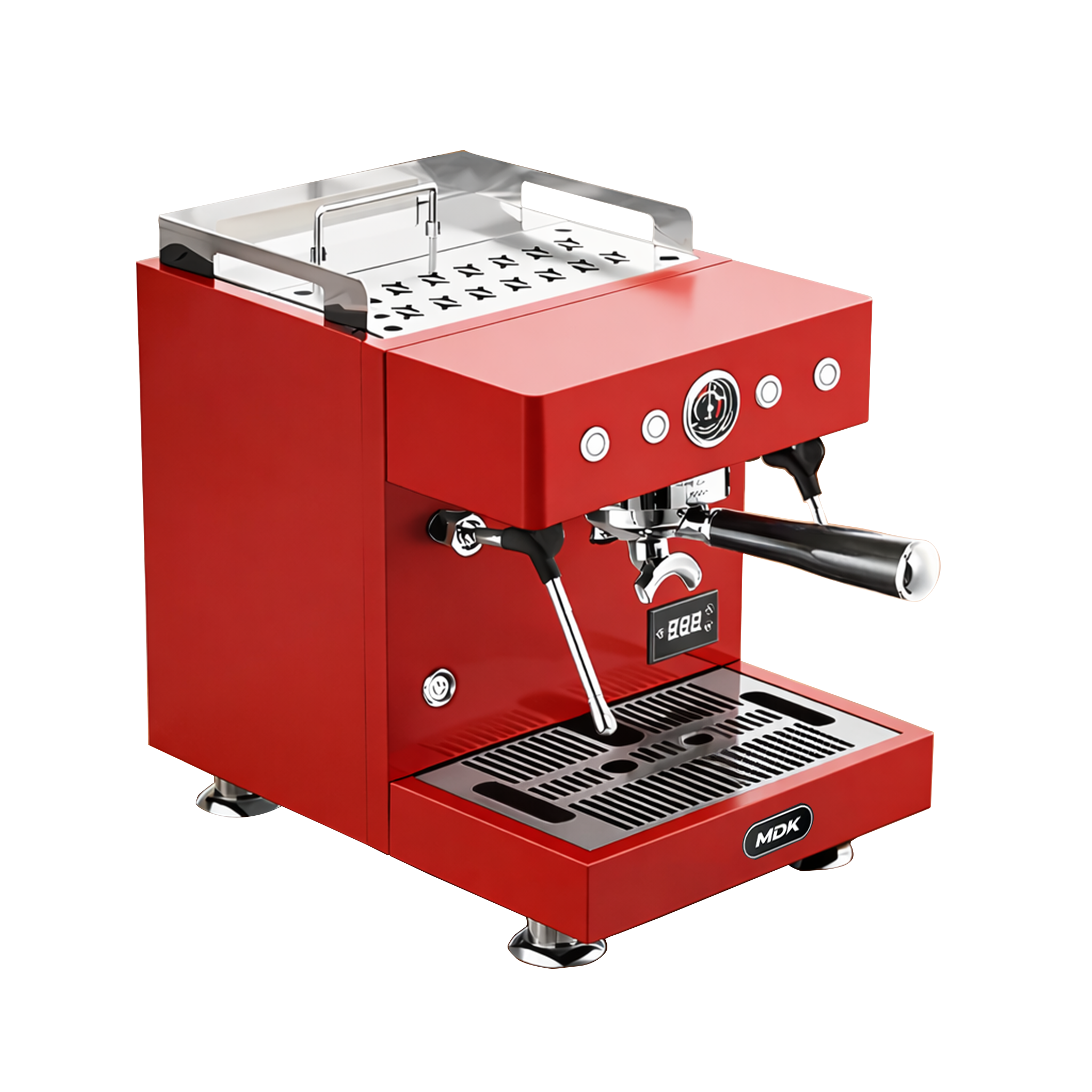 MDK MC-1 tabletop espresso coffee machine in red with steam wand and portafilter on a wooden table.