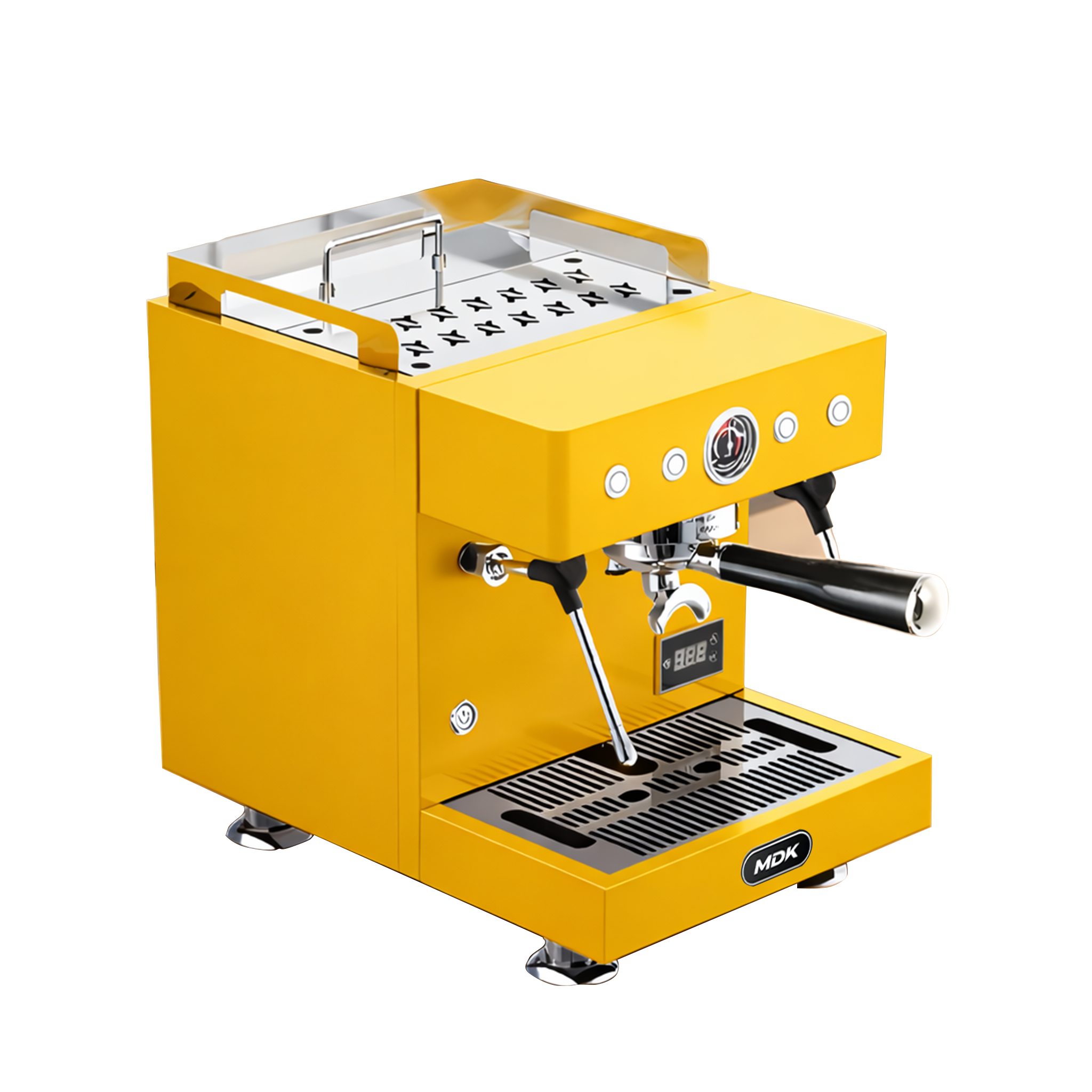 MDK MC-1 tabletop espresso coffee machine in yellow with steam wand and portafilter on a wooden table.