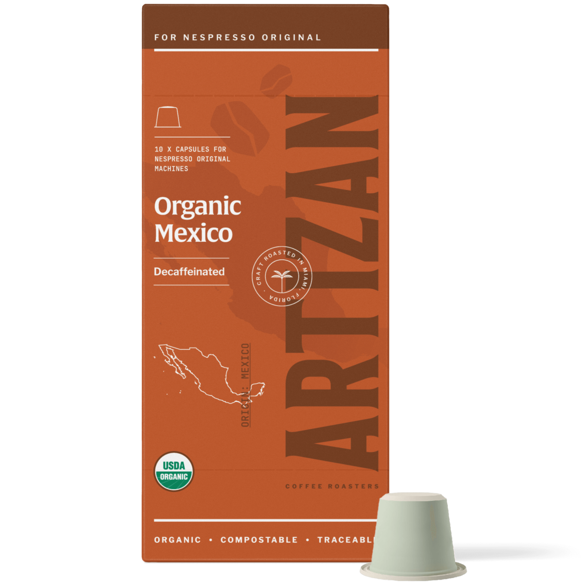 Image of Organic Mexico Decaf Nespresso Pods for Original Machines with Capsule Beside It. 