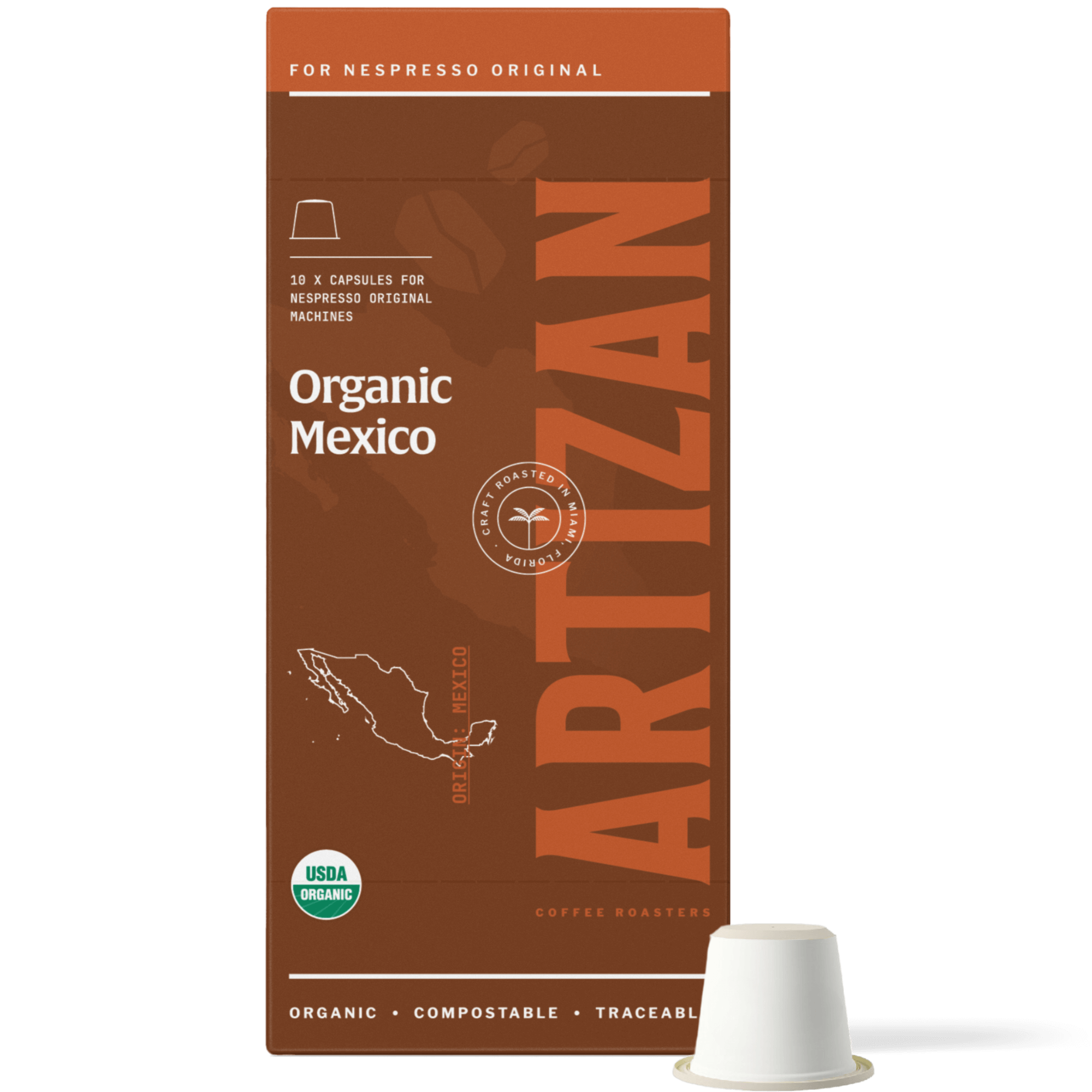 Image of Organic Mexico Nespresso Pods for Original Machines with Capsule Beside It. 